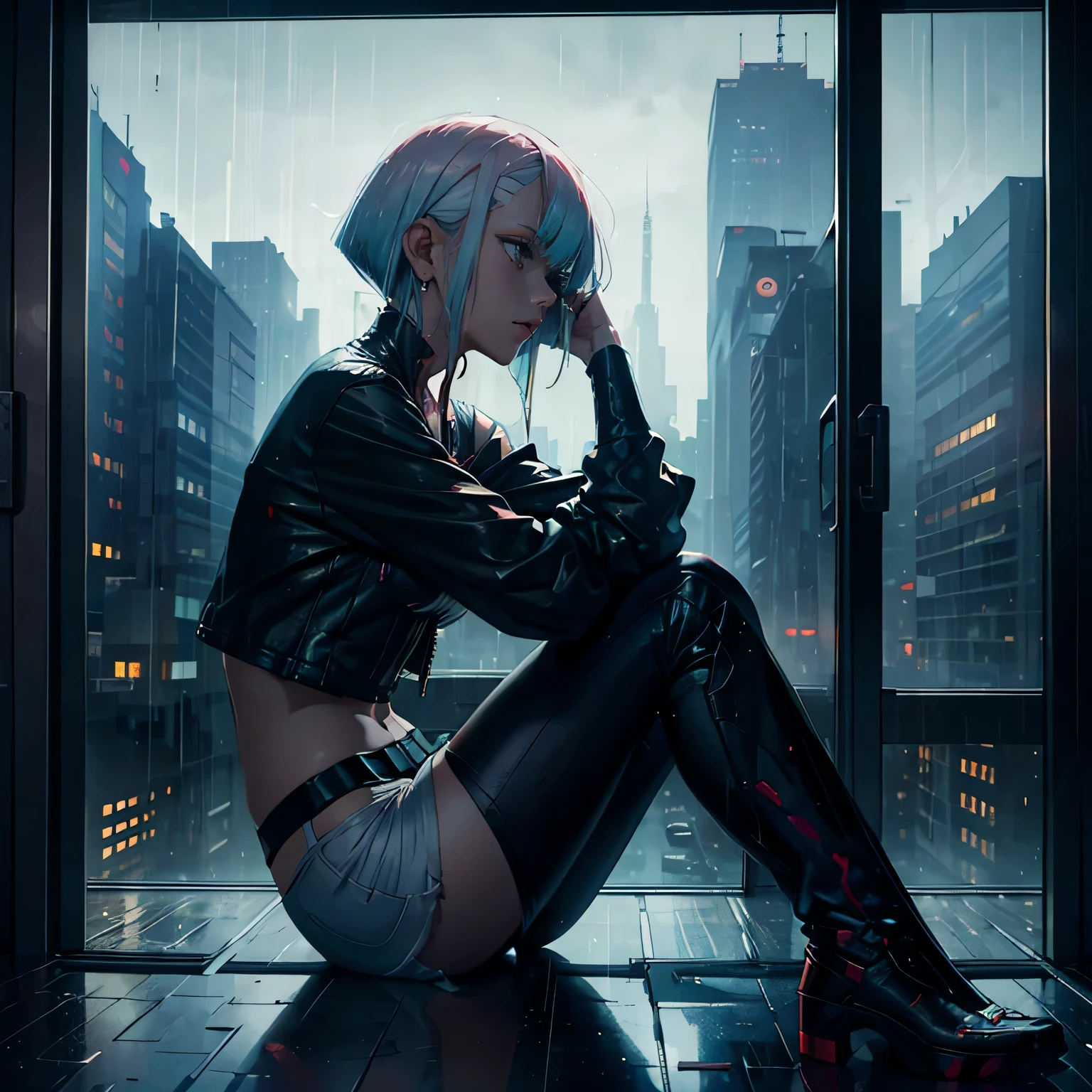 Lucy from cyberpunk, raining, foggy window, rain on window, looking out of window, casual clothes, sitting down