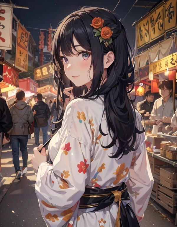 masterpiece, highest quality, Super detailed, shape, omatsuri, food stand, smile, 1 girl, beautiful eyes, looking at the viewer, from behind, cowboy shot, Please think back, yukata, wood, outdoor,road, walk, crowd, night, lanthanum, festival, food, paved, crosswalk road, paper lanthanum, street lamppost, long black hair