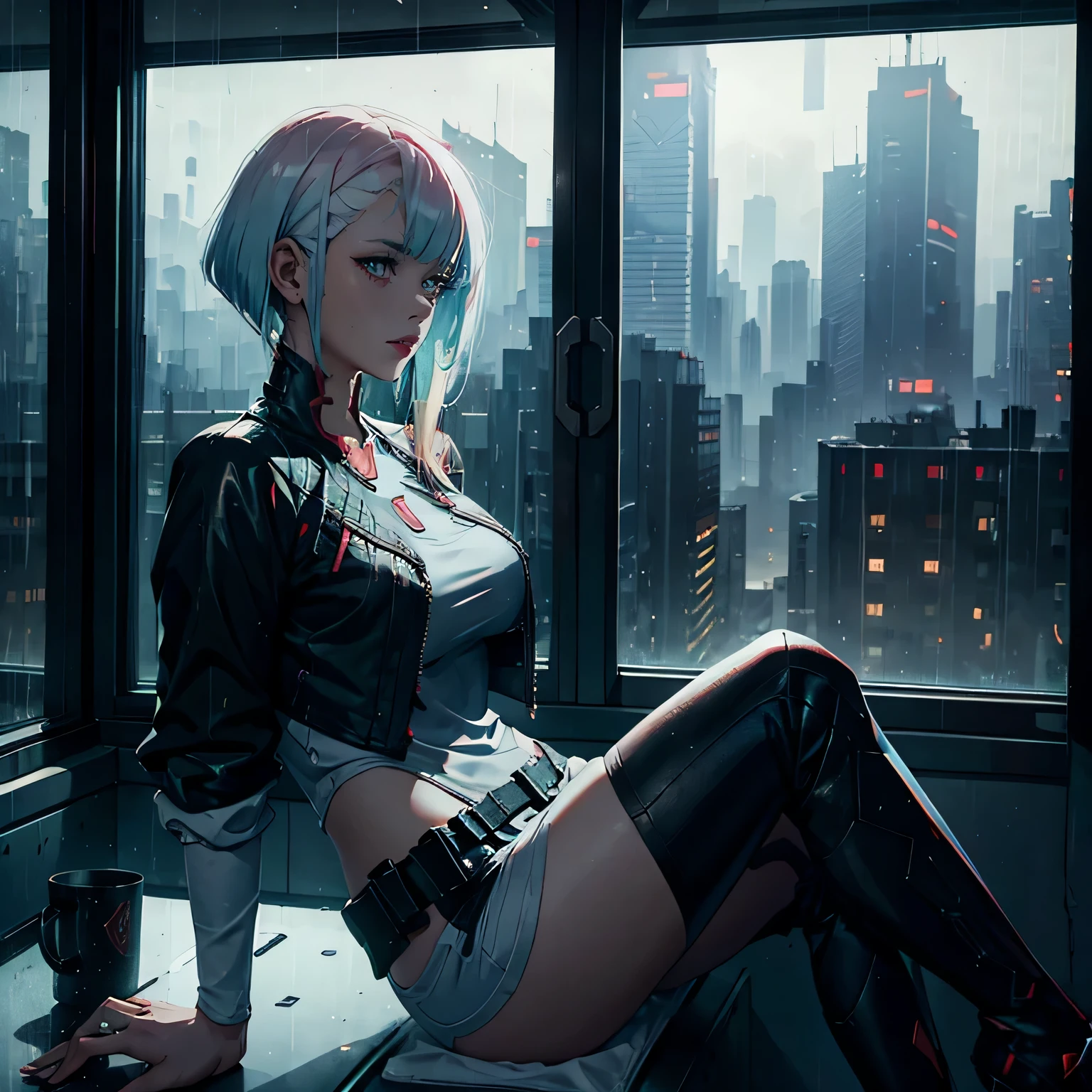 Lucy from cyberpunk, raining, foggy window, rain on window, looking out of window, casual clothes, sitting down