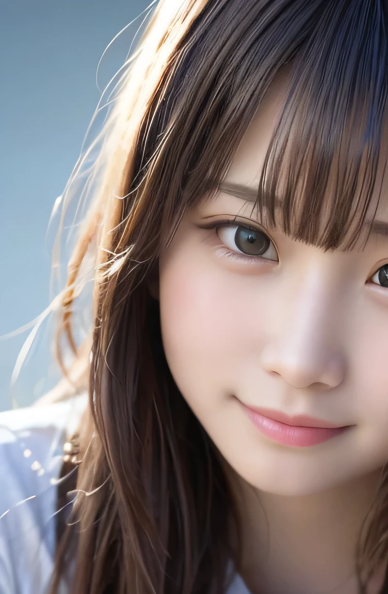 masterpiece, highest quality, 8K, disorganized, (Upper body:1.4), white shirt, beautiful girl, cute face, looking at the viewer, (smile:1.3), surreal, High resolution, photo shoot, film grain, chromatic aberration, sharp focus, HDR, face light, dynamic lighting, cinematic lighting, professional shadow, simple background, (simple background:1.4), most detailed, very detailed, super detailed, finely, real skin, delicate features, detailed face and eyes, sharp pupils, realistic student