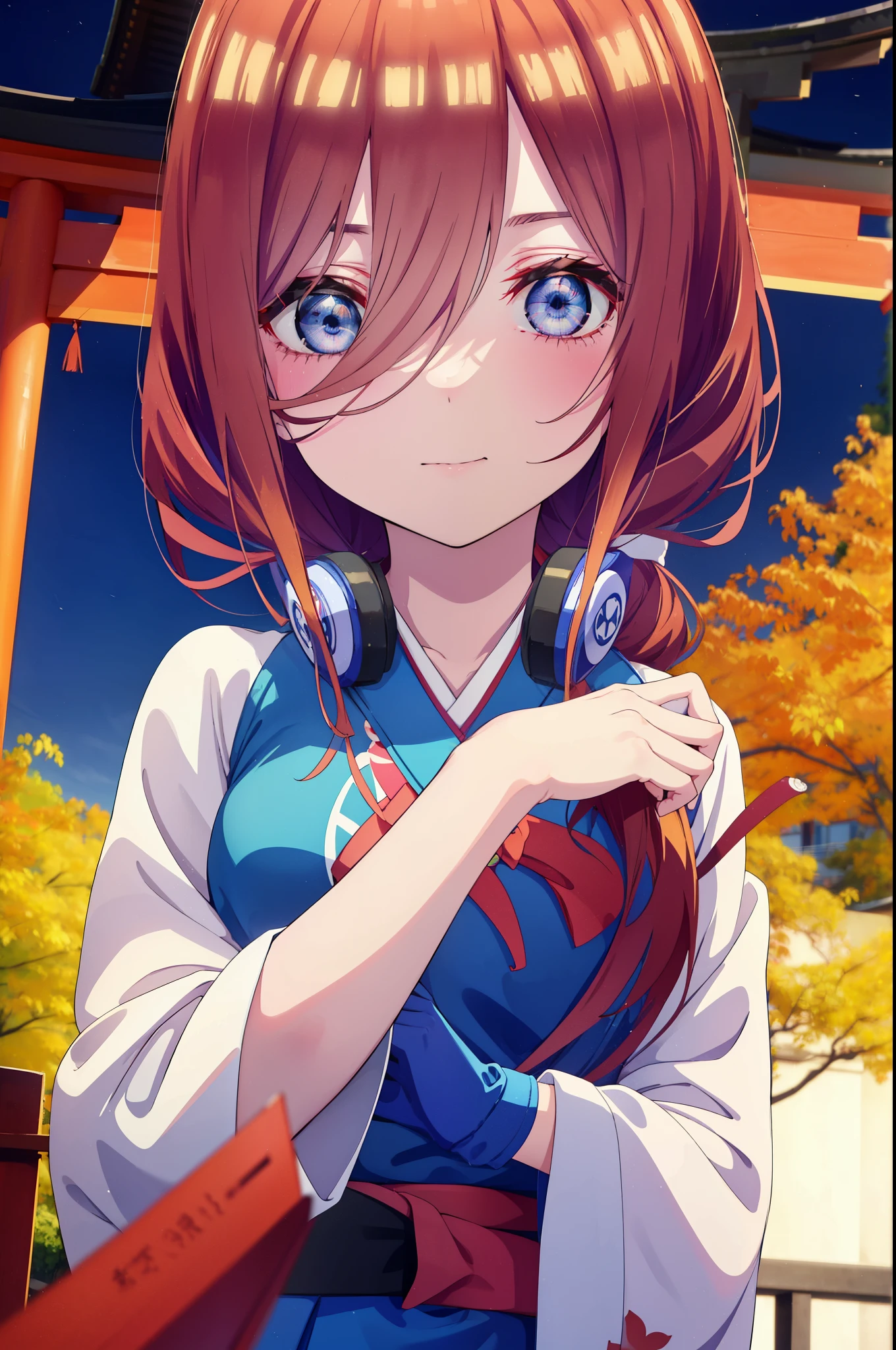 Mikunakano, Miku Nakano, long hair, bangs, blue eyes, brown hair, shirt, hair between eyes, headphones,smile,blush, Platycodon,Miko, white kimono, kimono, red hakama,same as skirt,white foot bag,Zori sandals, wide sleeve, long sleeve, ribbon trim sleeves,
とてもlong hair, 鈍いbangs, low ponytail,
looking at the viewer, Are standing, noon,
break indoors, shrine,torii,
break looking at viewer, whole body,Upper body, (cowboy shot:1. 5)
break (masterpiece:1.2), highest quality, High resolution, unity 8k wallpaper, (figure:0.8), (detailed and beautiful eyes:1.6), highly detailed face, perfect lighting, Very detailed CG, (perfect hands, perfect anatomy),