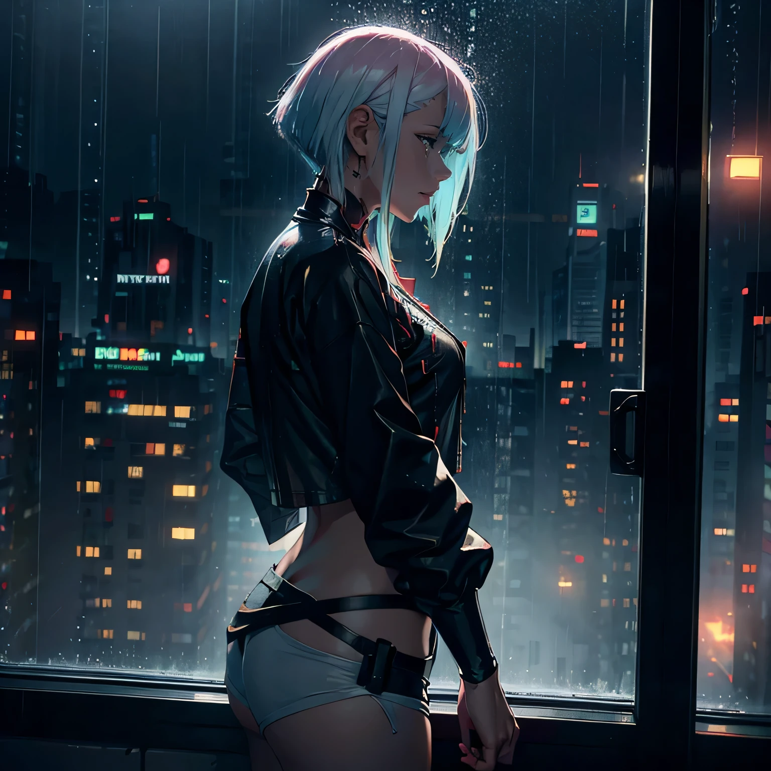 Lucy from cyberpunk, raining, foggy window, rain on window, looking out of window, casual clothes,