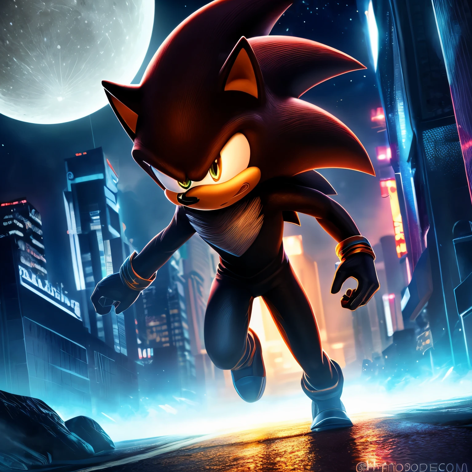 (best quality, 32k high dynamic range:1.2), Super detailed, actual, photoactual, masterpiece, official art,)alone, male,, Hedgehog shadow, Serious expression, dangerous, confidence, dynamic poses, Running posture, night city, moon, Star, ( PlayStation 5 Graphics, 32k high dynamic range )