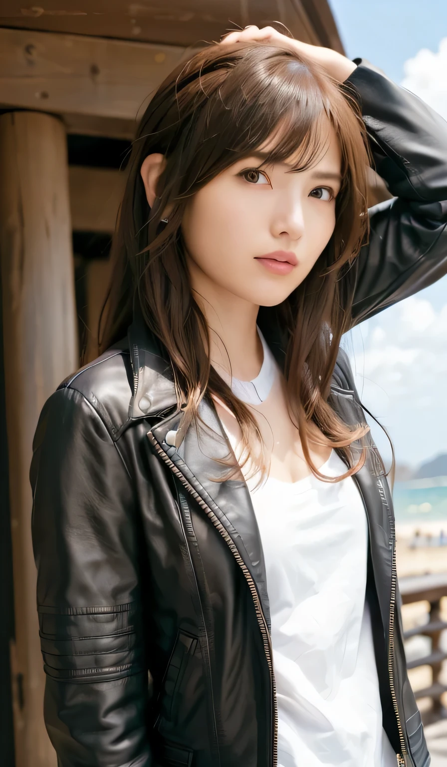 1 girl, beautiful, cute, professional lighting, highest quality, (well-groomed face:1.5),(Leather Jacket,:1.5), beautiful, (long hair:1.3),(looking down, watching at Viewer:1.7),(from below:1.3),big breasts, beach
