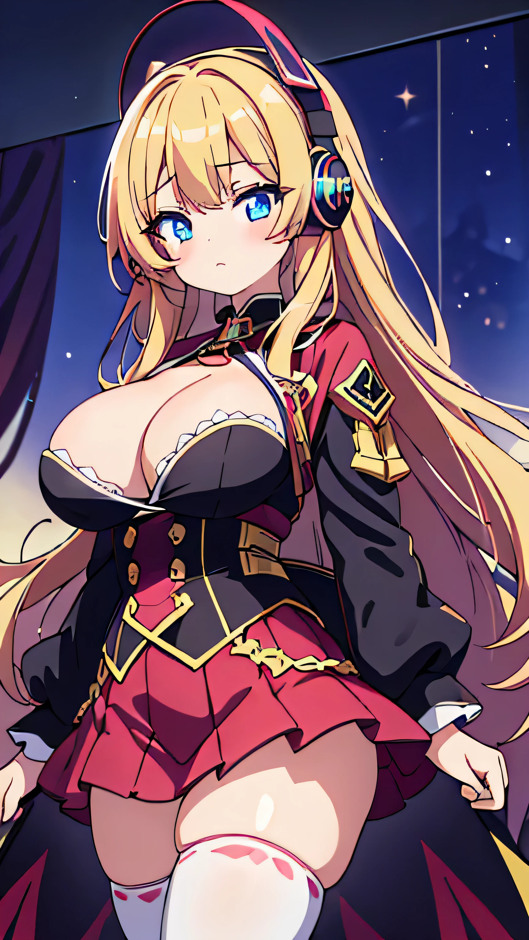 masterpiece, best quality, extremely detailed, anime, girl, 1 girl, young, , long hair, diagonal bangs, blonde, blue eyes, pale skin, glamorous, black thighhighs, cute face, curvy, huge breasts, headphones, pink skirt, open red stadium jacket, exposed breasts, bed sheet, (((((at midnight,))))) (((closed curtain,))) (((dark theme,))) &lt;lora:boldline:-1&gt; &lt;lora:eyecolle_marigold_v100:1&gt; see-through, NSFW, happy, white cream on her cleavage