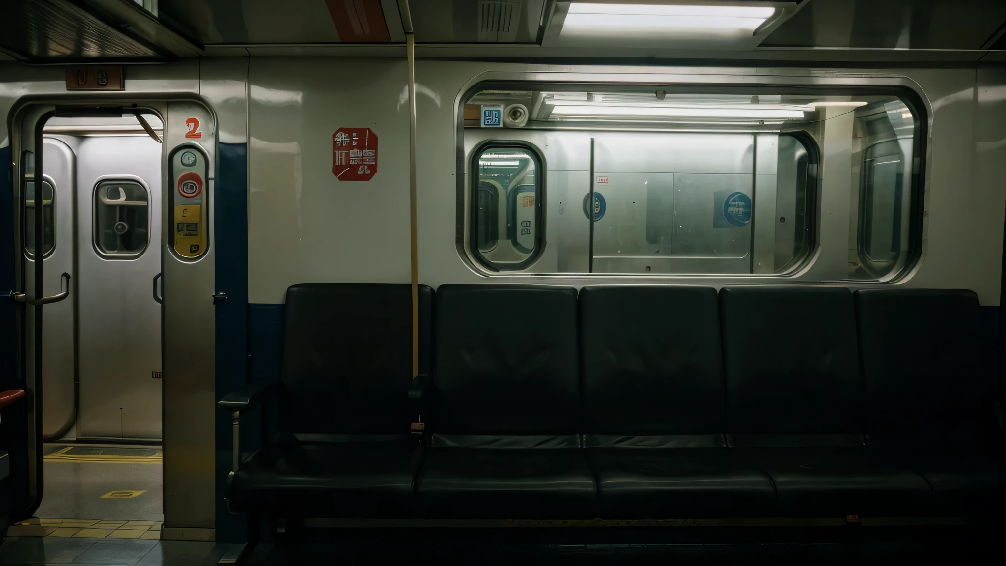 arafed seats on a subway train with a poster on the wall, sat down in train aile, inside of a metro train, shot on kodak vision 200t, in a subway, mrt, glitch in the matrix, completely empty, shot on 35 mm, shot on 3 5 mm, shot on 35mm, underground scene, dark ambient, moody vibes, wong kar wai inspired scene
