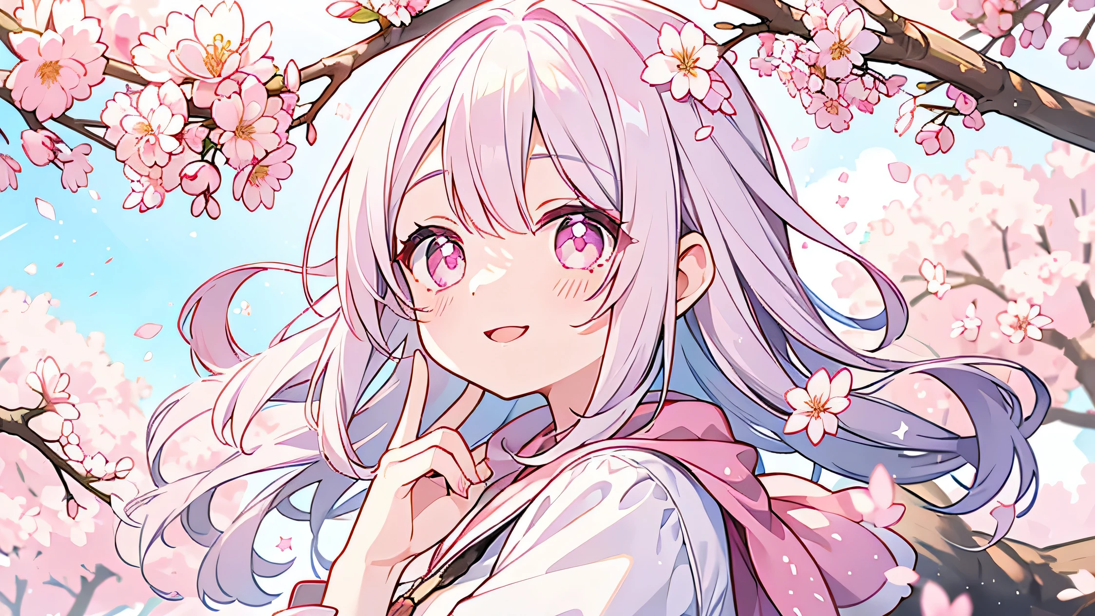 spring、Cherry tree in full bloom、1 girl、silver hair、((Pink sparkly eyes))、A sloppy smile、open your mouth