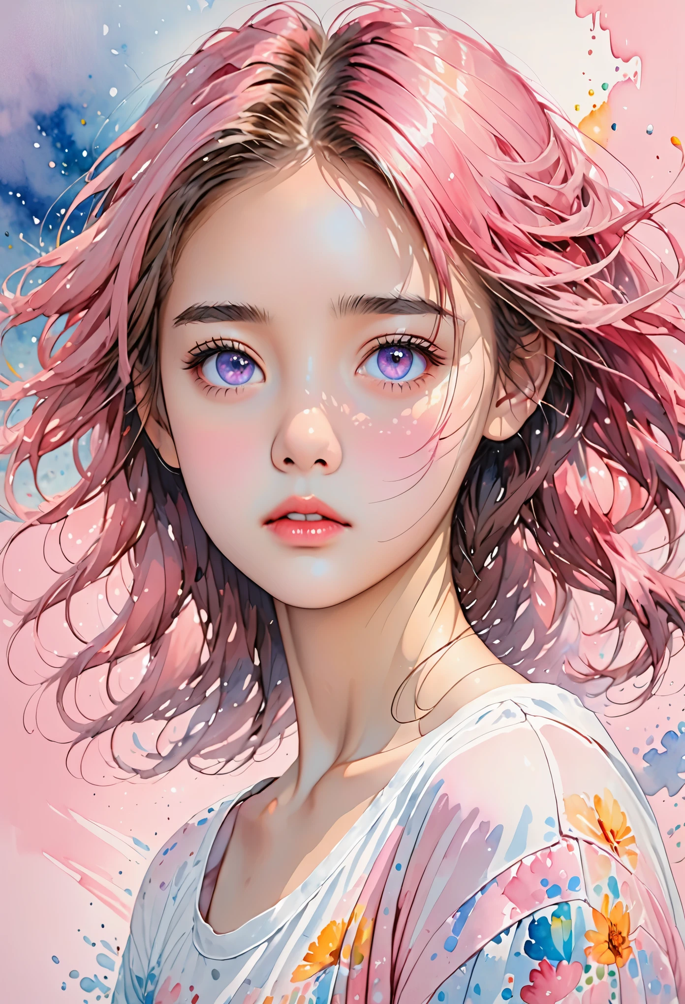 (masterpiece),(best quality:1.1),(Super detailed),Best Illustration,fine details,(portrait:1.1),(intense close-up),watercolor painting)floating,1 girl,alone,,Slim,(extremely delicate and beautiful face),(Detailed pink eyes),thick pink lips,(disheveled hair),(Wearing a loose T-shirt),Soft and lazy,(Simple background:1.2)entire colorful background,Clear,4K