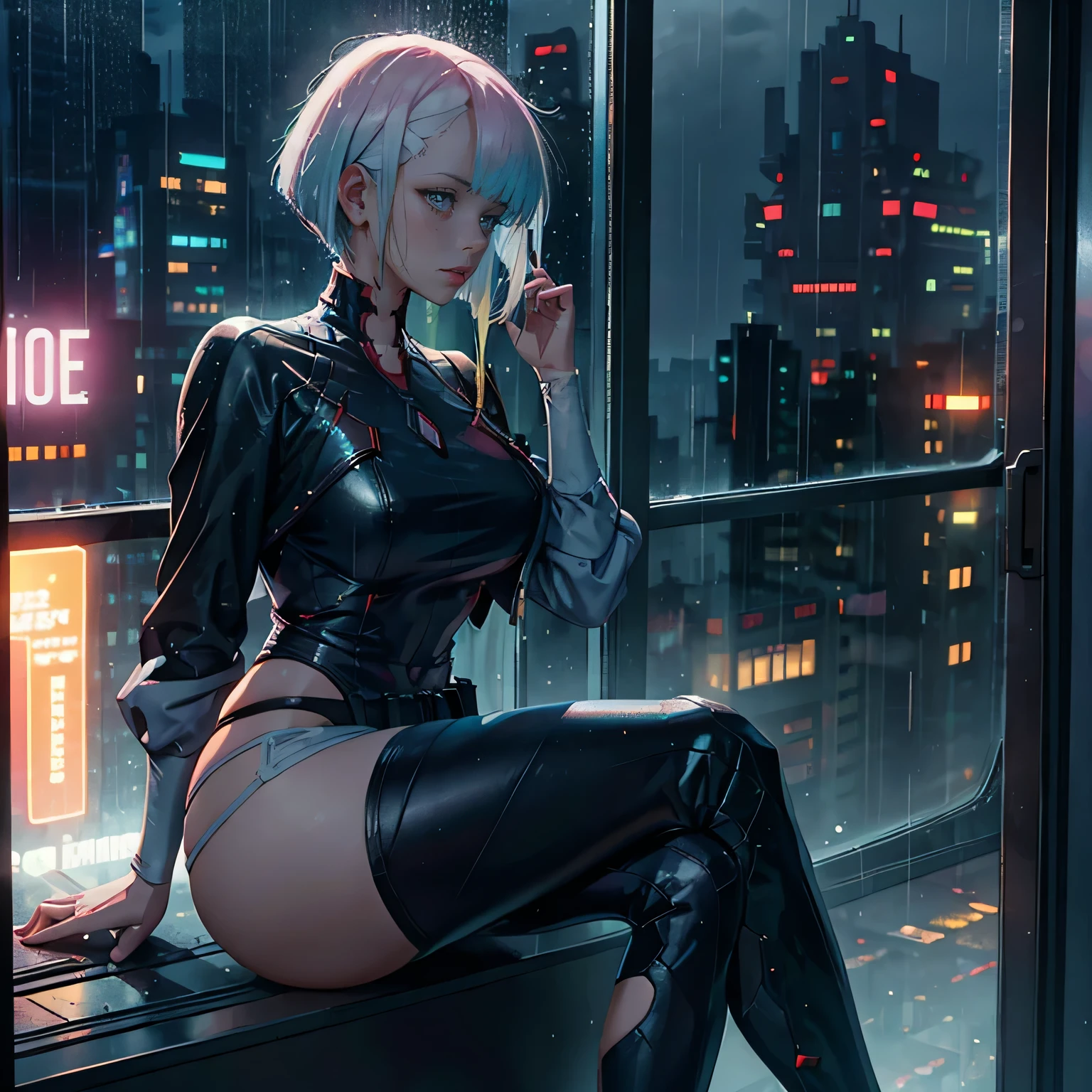 Lucy from cyberpunk, raining, foggy window, rain on window, looking out of window, casual clothes, thick thighs, sitting down 