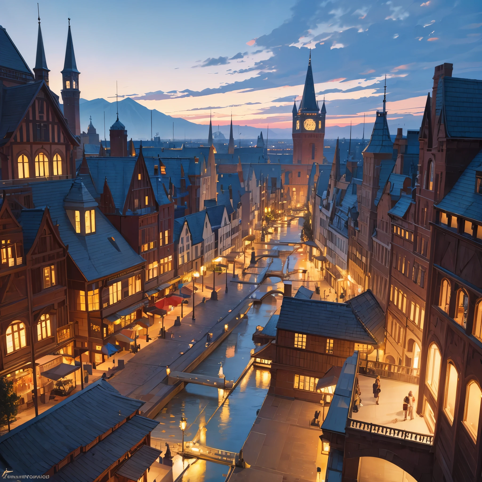 City Frankenmuth Michigan, with a very detailed structure with lighting, lakes, at the end of the sunset, very detailed, masterpiece, ultra resolution, perfect quality, 4k hd.
