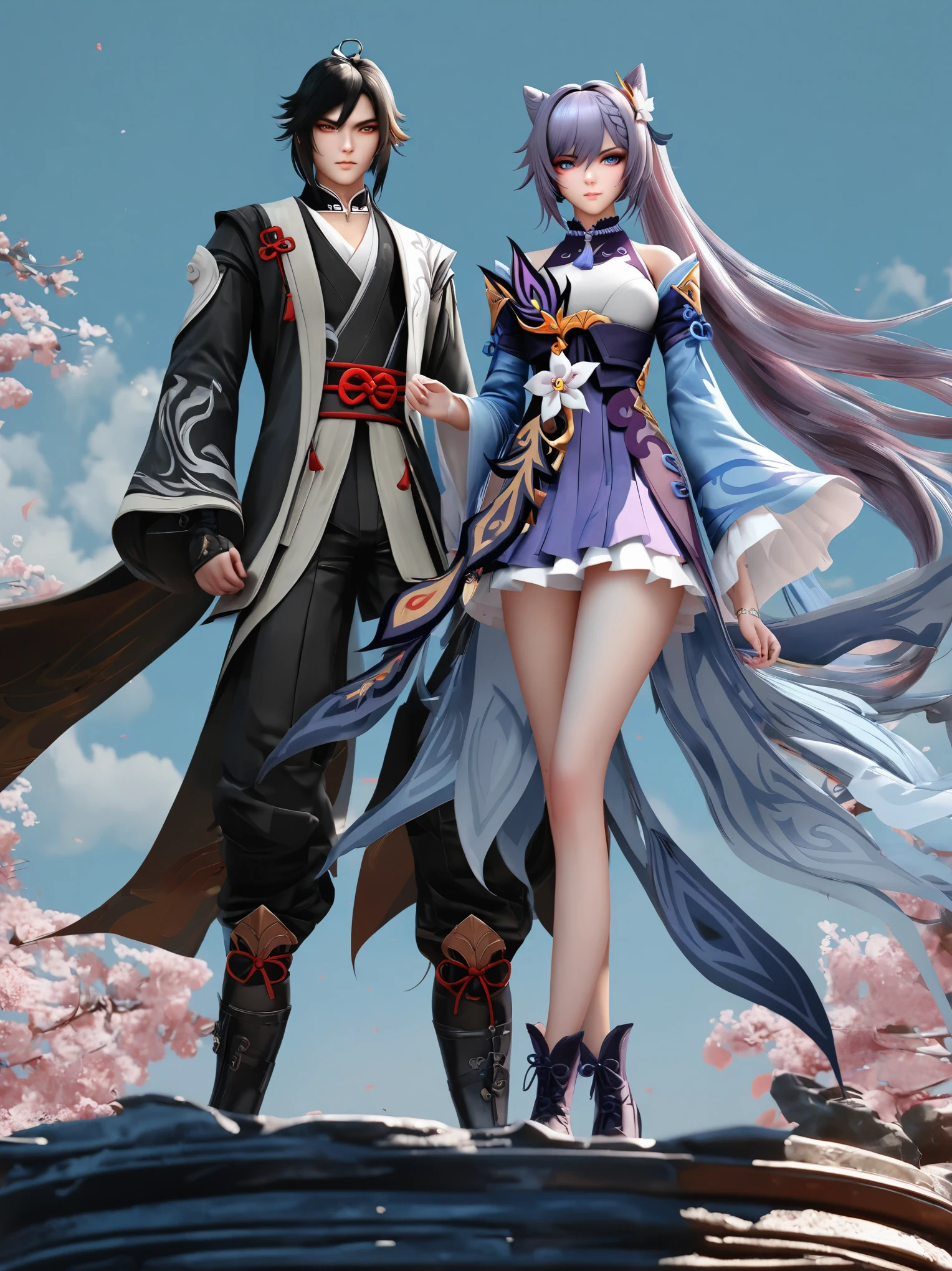 diy32,Highest quality, ultra-high definition, masterpieces, 8k, realistic, anime styled, 3d render,anime girl with long black hair and blue eyes in a blue dress, keqing from genshin impact, by Yang J, heise jinyao, loong, g liulian art style, zhongli from genshin impact, zhao yun, beautiful young wind spirit, handsome guy in demon slayer art, xianxia hero, liang xing