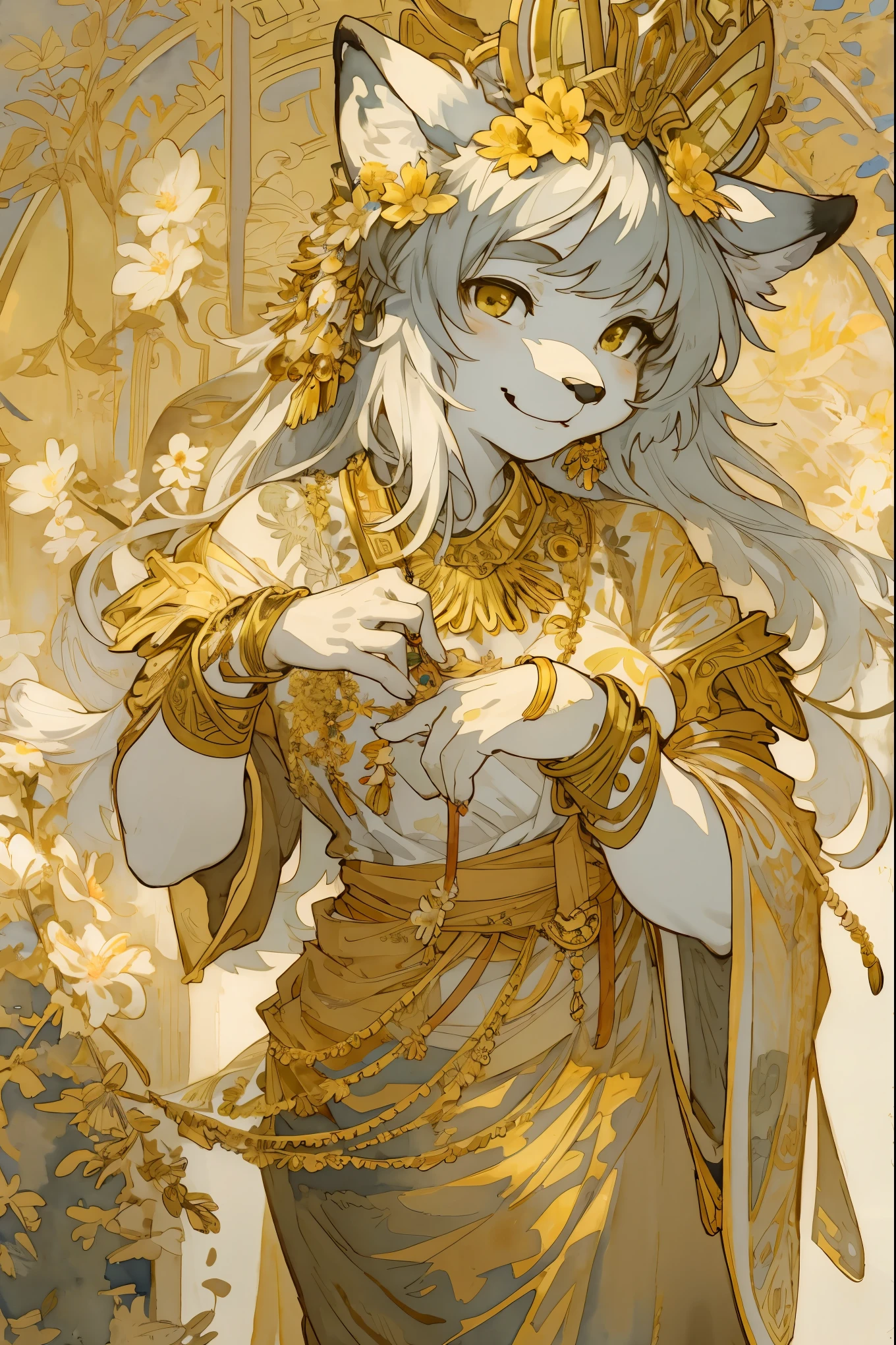 (furry art, uploaded on e621)monochrome, watercolor, highres, top quality, best quality, paid reward available, High-quality illustrations by Alphonse Mucha, unparalleled masterpiece, perfect artwork, absurdres, 1girl, kemono, furry, detailed body fur, animal face, animal hand, Archaic Smile, holding a cluster of gold flower in both hands, which are positioned at chest level, She is wearing a simple ring on the ring finger of her left hand, unfocused spread of gold flower, fan-created work shared on platforms Pixiv or Twitter, Watercolor elements that seem to shift through time,