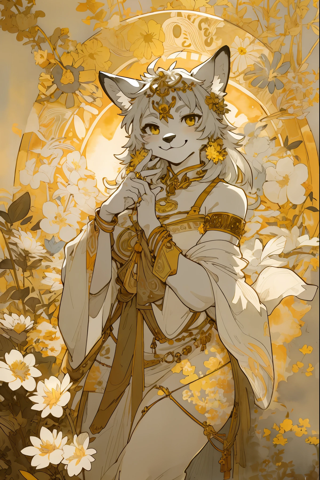 (furry art, uploaded on e621)monochrome, watercolor, highres, top quality, best quality, paid reward available, High-quality illustrations by Alphonse Mucha, unparalleled masterpiece, perfect artwork, absurdres, 1girl, kemono, furry, detailed body fur, animal face, animal hand, Archaic Smile, holding a cluster of gold flower in both hands, which are positioned at chest level, She is wearing a simple ring on the ring finger of her left hand, unfocused spread of gold flower, fan-created work shared on platforms Pixiv or Twitter, Watercolor elements that seem to shift through time,