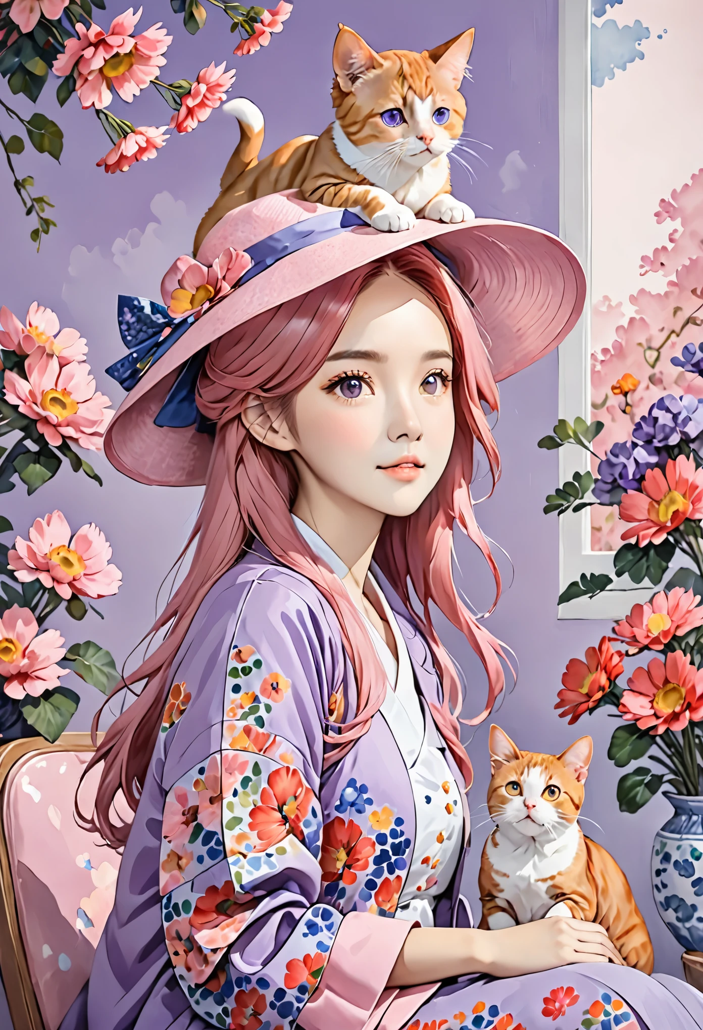 1girl,zgmaomao,dog,solo,floral print,pink hair,hat,cat_on_head,sit,purple_jacket,long hair,kabutops,