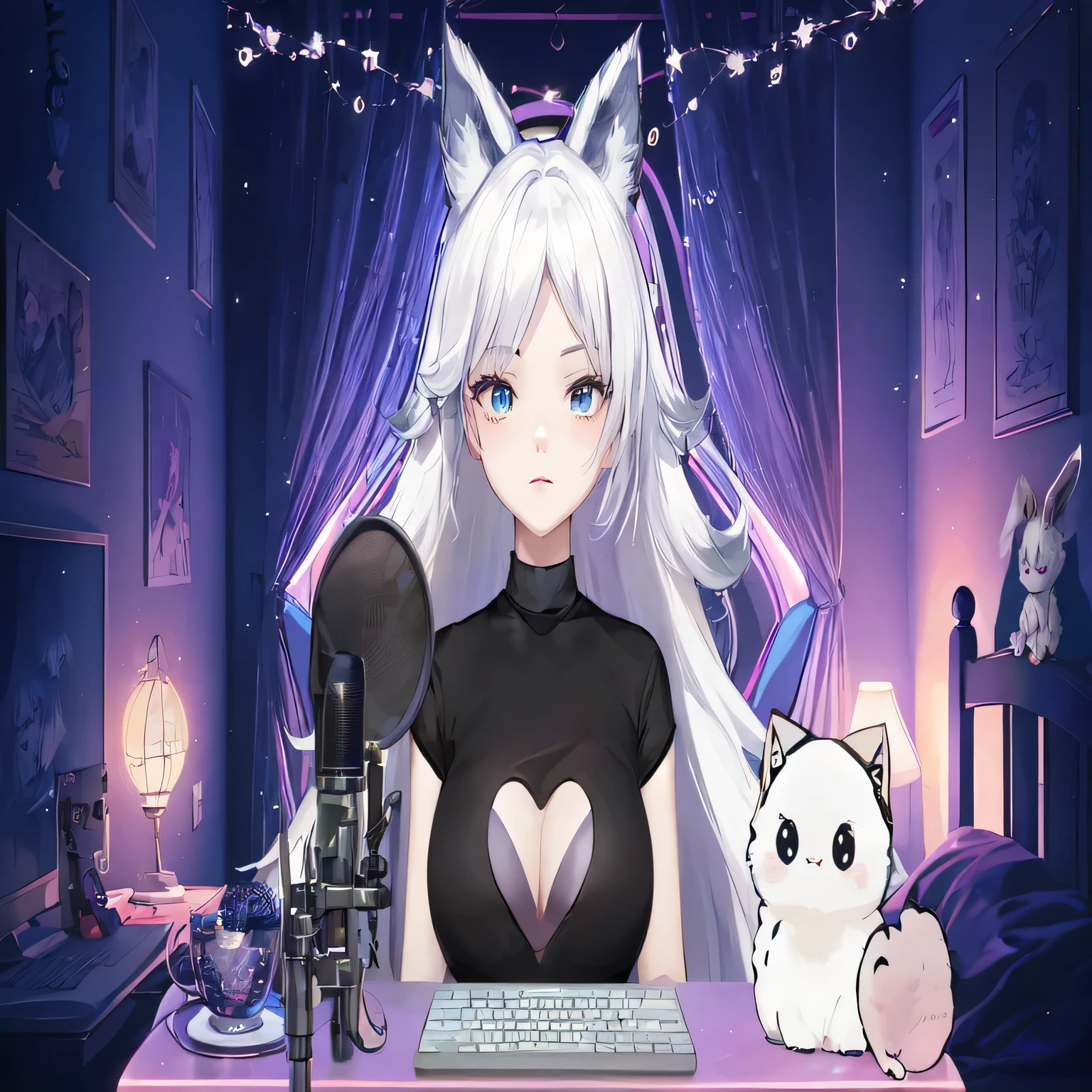 Anime girl with white hair and a black top sits in front of a microphone, Serafina Ari, kda, virtual model of youtuber live2d, anime cat girl, Holo - wolf girl, white cat girl, white-haired fox, ig studios in anime style, beautiful anime cat girl, cute anime cat girl, anime girl with cat ears