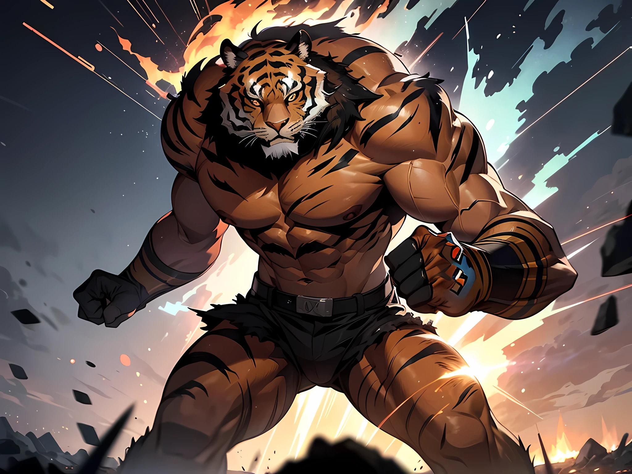 (beastmen), best quality,ultra-detailed,(realistic:1.37),HDR,UHD,studio lighting,professional,vivid colors,bokeh,illustration,powerful,explosive,punching,breaking,action-packed,fierce,tiger,bursting,fiery energy,striking,forceful,powerful,shattered glass,dynamic pose,aggressive,ferocious,impactful,numerous punches,shockwaves,fragmentation,tiger stripes,glowing fists,fiery explosions,superhuman strength,intense focus,blazing fire,twisted metal,energy waves,destruction,loud noise,strength and power,dominance,agility and speed,precision and accuracy,high-impact,energetic,charged,roaring,unstoppable,powerful impact,explosive force,epic battle,finite detail,punishing melee combat,explosive punch,fearless,muscular build,feral,indomitable,unleashed power,destroy everything
