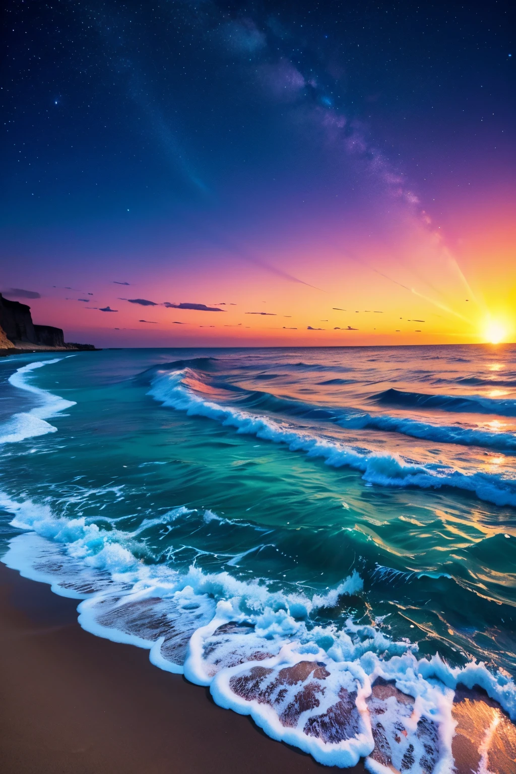 a beach with a bright sky and a bright star filled sky, magical beach, beautiful vibrant colors, glow wave, glowing colors, [ bioluminescent colors ]!!, stunning colors, beautiful colors, glowing rich colors, amazing colors, breathtaking colors, makes the sea area glowing water, glowing water, beautiful sunset glow, vivid glowing colors, beautiful deep colors