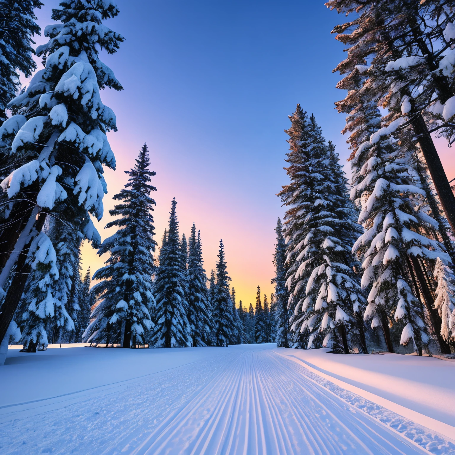 a view of a snowy path with trees and a sunset in the background, a matte painting by Chris Rallis, flickr, land art, 🌲🌌, beautiful pine tree landscape, evening!! in the forest, fir forest, boreal forest, beautiful forest, winter forest, spruce trees on the sides, spruce trees, coniferous forest, fir trees