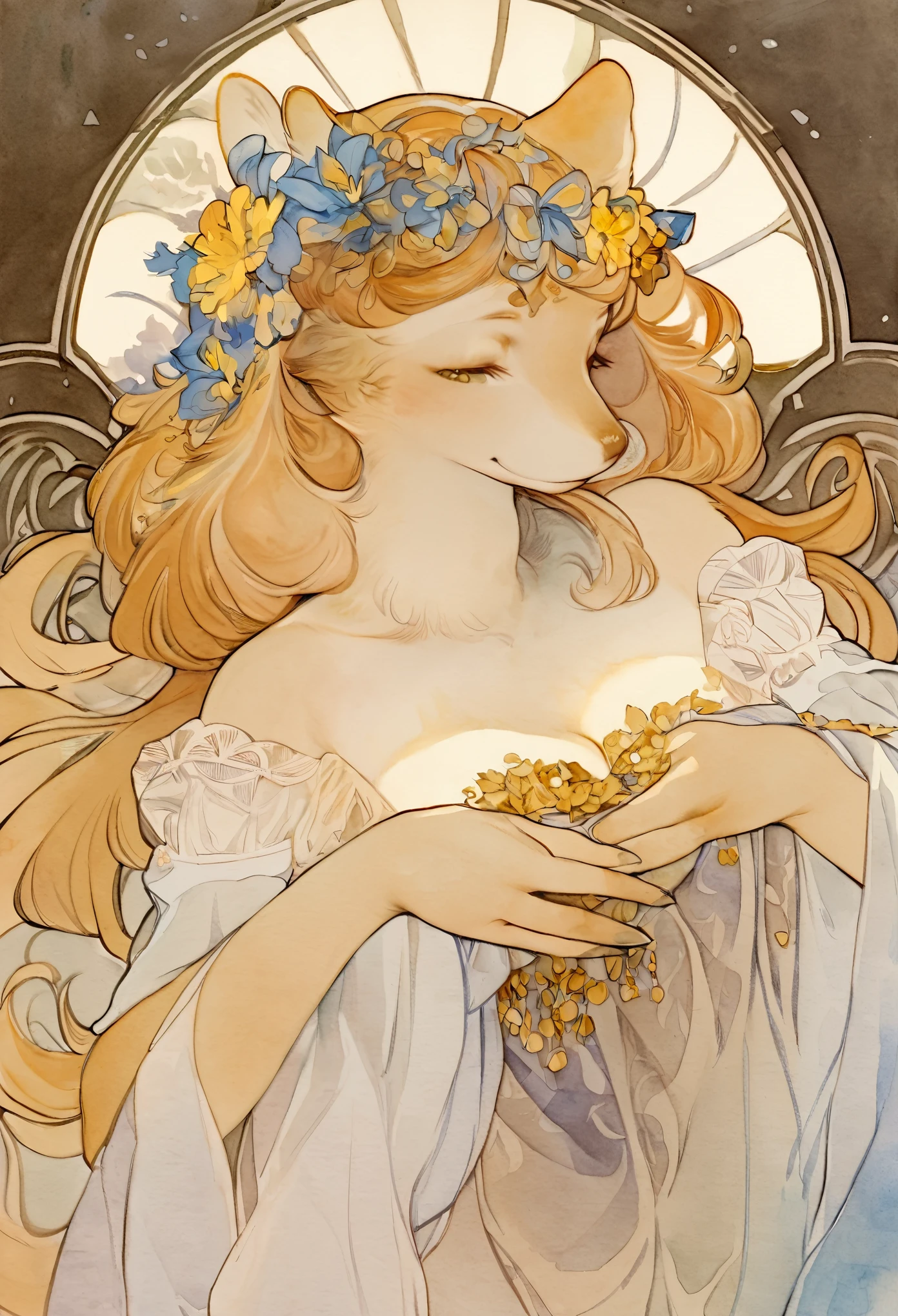 (furry art, uploaded on e621)monochrome, watercolor, highres, top quality, best quality, paid reward available, High-quality illustrations by Alphonse Mucha, unparalleled masterpiece, perfect artwork, absurdres, 1girl, kemono, furry, detailed body fur, animal face, animal hand, Archaic Smile, holding a cluster of gold flower in both hands, which are positioned at chest level, She is wearing a simple ring on the ring finger of her left hand, unfocused spread of gold flower, fan-created work shared on platforms Pixiv or Twitter, Watercolor elements that seem to shift through time,