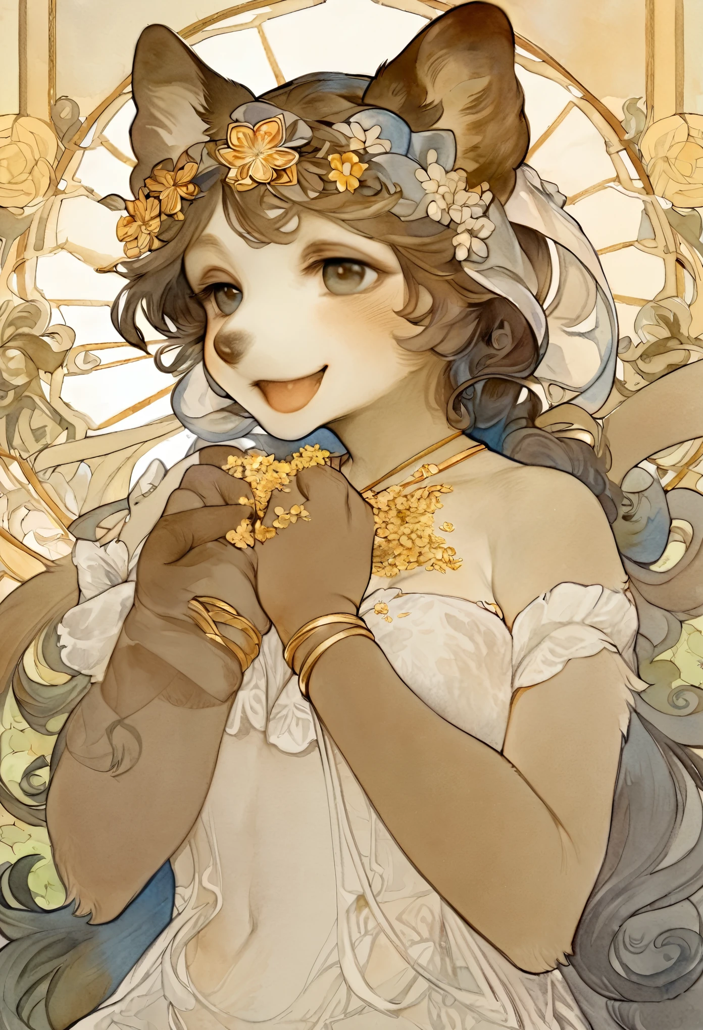 Watercolor elements, 1girl, kemono, furry, detailed body fur, animal face, animal hand, unfocused spread of gold flower, 