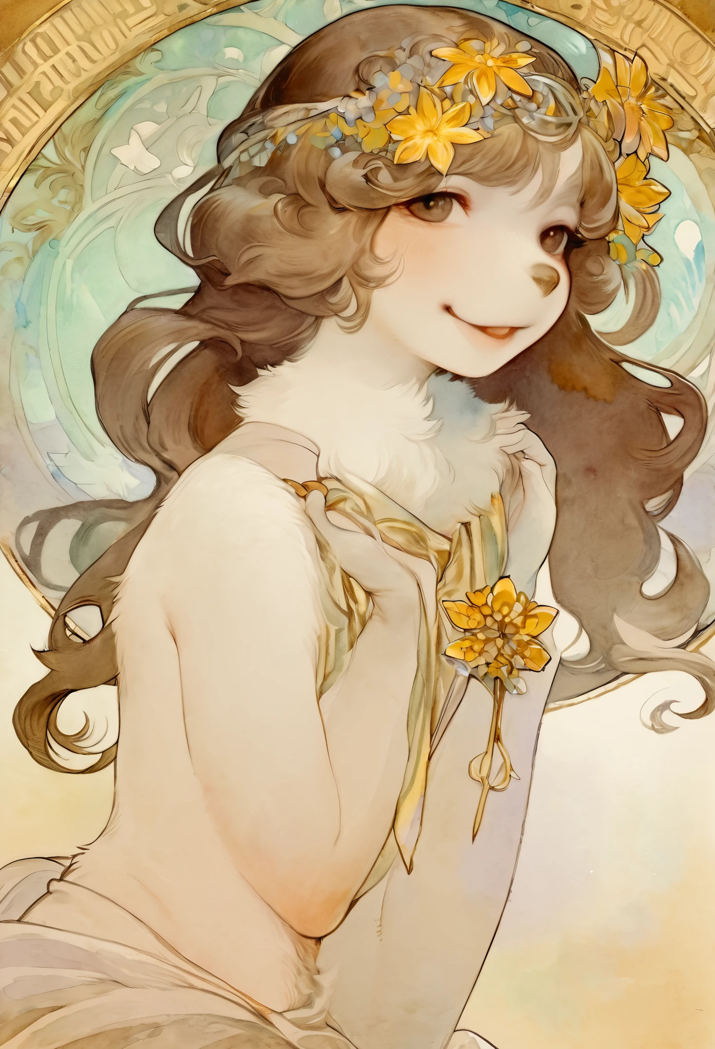 (furry art, uploaded on e621)monochrome, watercolor, highres, top quality, best quality, paid reward available, High-quality illustrations by Alphonse Mucha, unparalleled masterpiece, perfect artwork, absurdres, 1girl, kemono, furry, detailed body fur, animal face, animal hand, Archaic Smile, holding a cluster of gold flower in both hands, which are positioned at chest level, She is wearing a simple ring on the ring finger of her left hand, unfocused spread of gold flower, fan-created work shared on platforms Pixiv or Twitter, Watercolor elements that seem to shift through time,