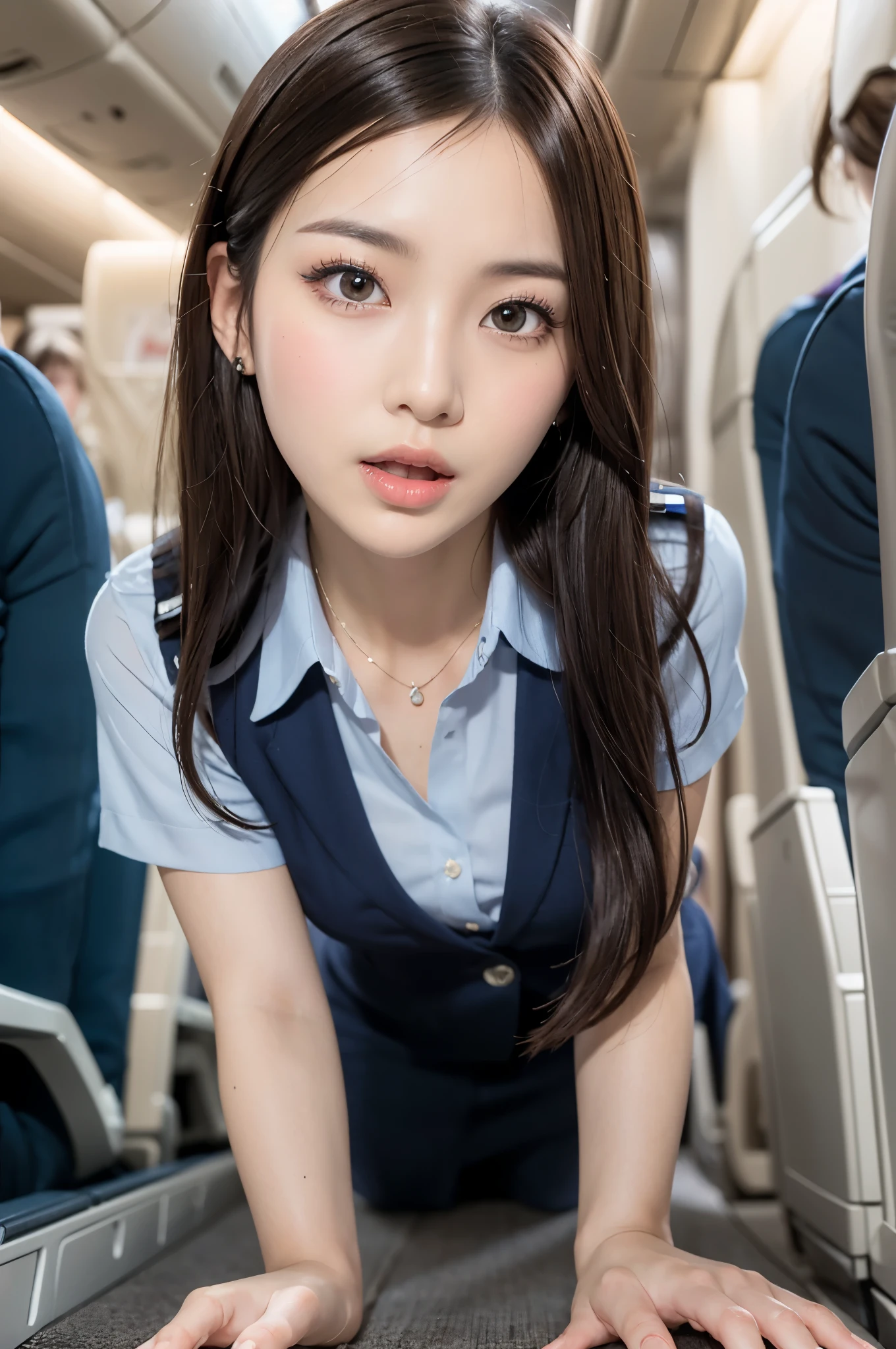 (masterpiece:1.3), High resolution, super detailed, Highly detailed CG Unity 8K wallpaper, realistic, photo-realistic, Raw photo, beautiful and detailed face, pale skin, realistic skin, fine cloth texture, detailed hair texture, perfect proportions, beautiful face, Accurate, anatomically correct, Highly detailed face and skin texture, natural neck length, (shining necklace, wedding ring), (beautiful hands), (Fair skin:1.2), thin legs, thin legs, sexy thighs,
break,
fine eyes, symmetrical eyes, light brown eyes, double eyelid, thin eyebrows, (glossy lips:1.4), ((sweat, blush, open mouth:1.3)), (drunk:1.2),
break,
(Elegant flight attendant girl), (((Wearing a flight attendant uniform:1.2, Sky blue short sleeve collared shirt、navy blue vest、navy blue pencil skirt))),
(medium big breasts), (firm chest:1.2, well-shaped chest:1.2, slender body shape:1.1),
(((bob hair:1.5、brown hair, straight hair, asymmetrical bangs:1.2))), (upper body shot:1.2), ((from below:1.3)), ((Focus on the hands:1.2))
break,
((Wariza with hands on the floor:1.3)), (inside the plane:1.2),