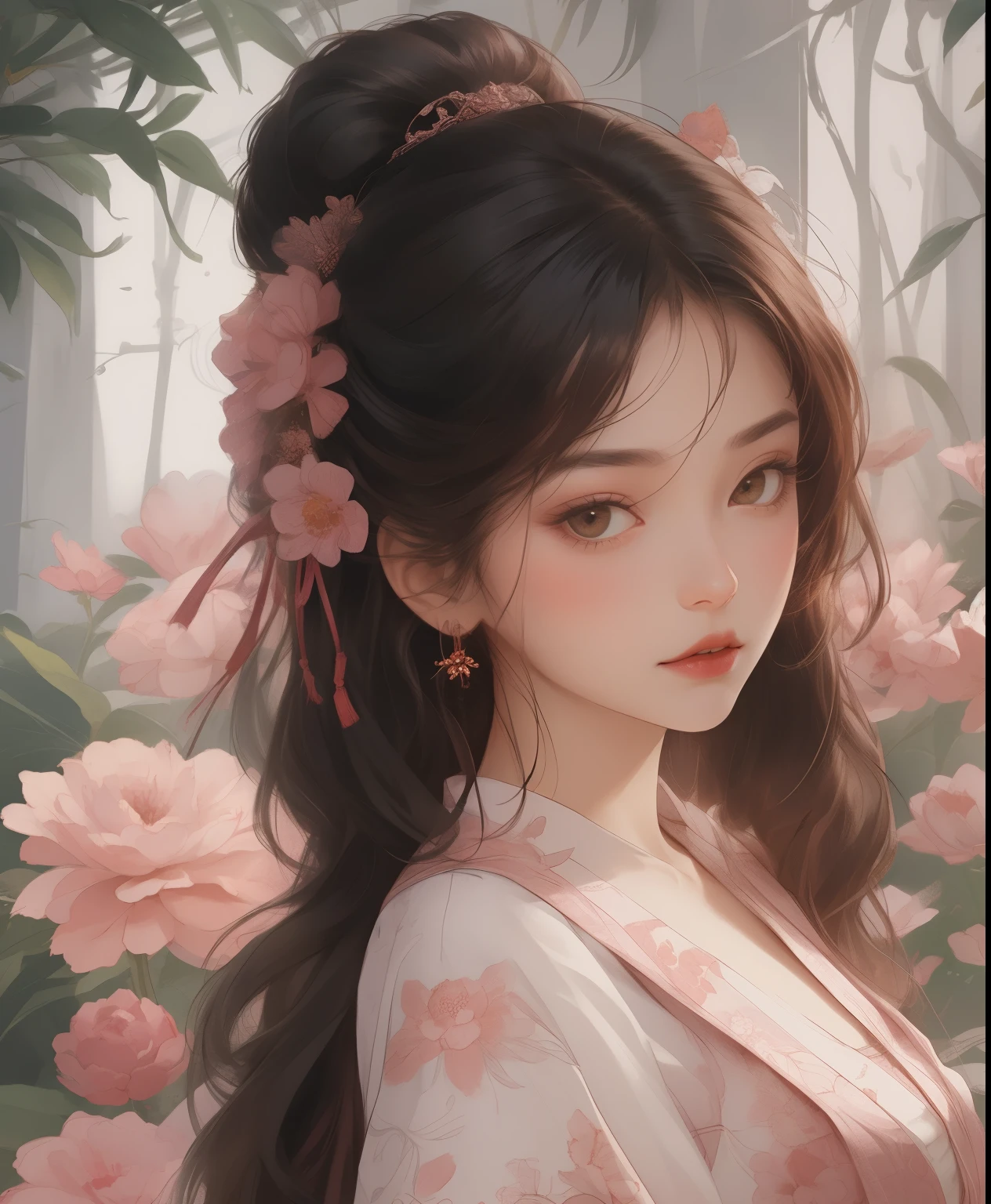 bright colors, beautiful style, High quality illustrations, Female chin resting hand pose, elegant, Detailed illustration of clothing and facial features.