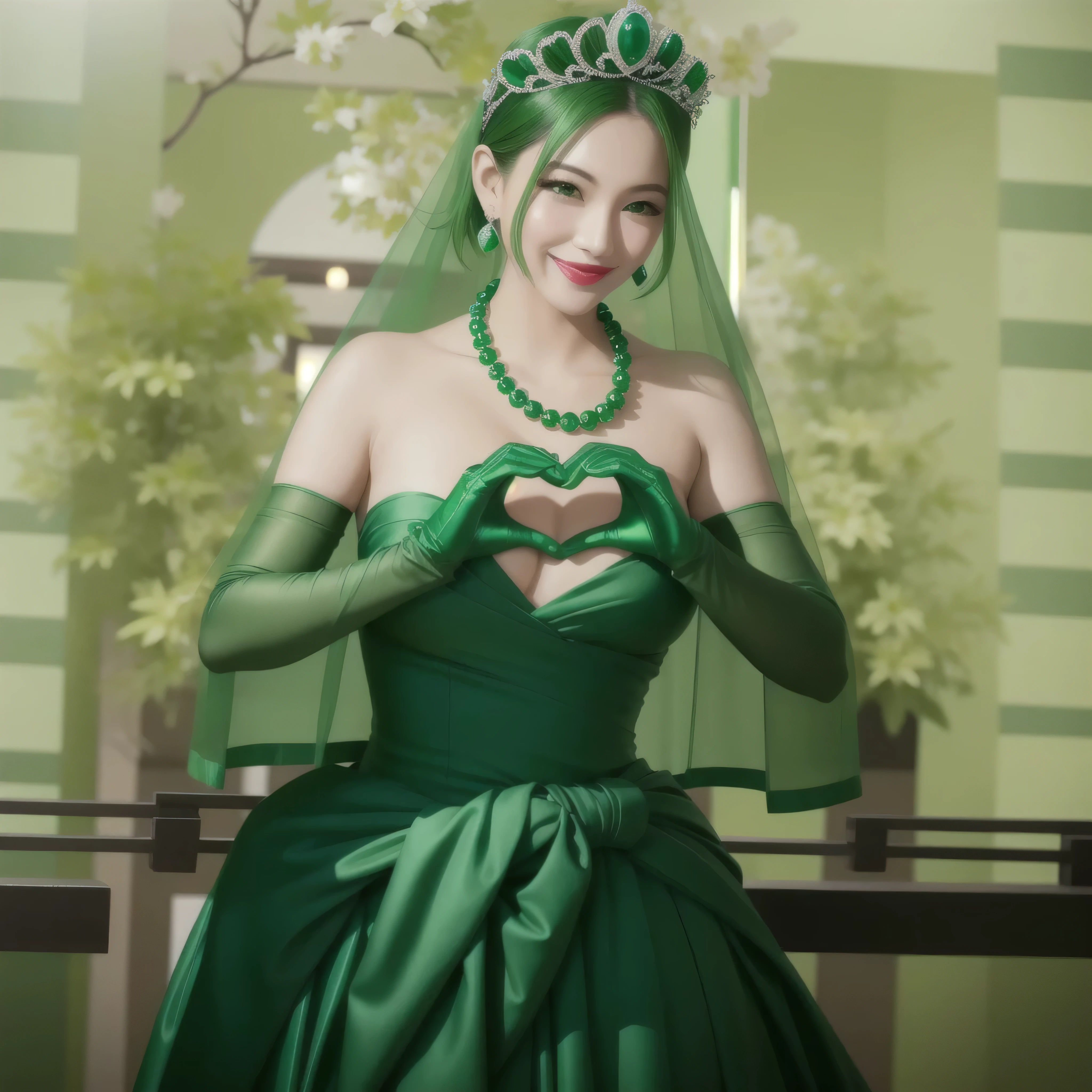 emerald tiara, green pearl necklace, boyish very short green hair, green lips, smiling Japanese woman, very short hair, Beautiful woman with big breasts, green eyes, green satin long gloves, green eyes, emerald earrings, green veil, Heart with both hands, green hair, beautiful japanese woman, heart shaped hands:1.3, green lip gloss