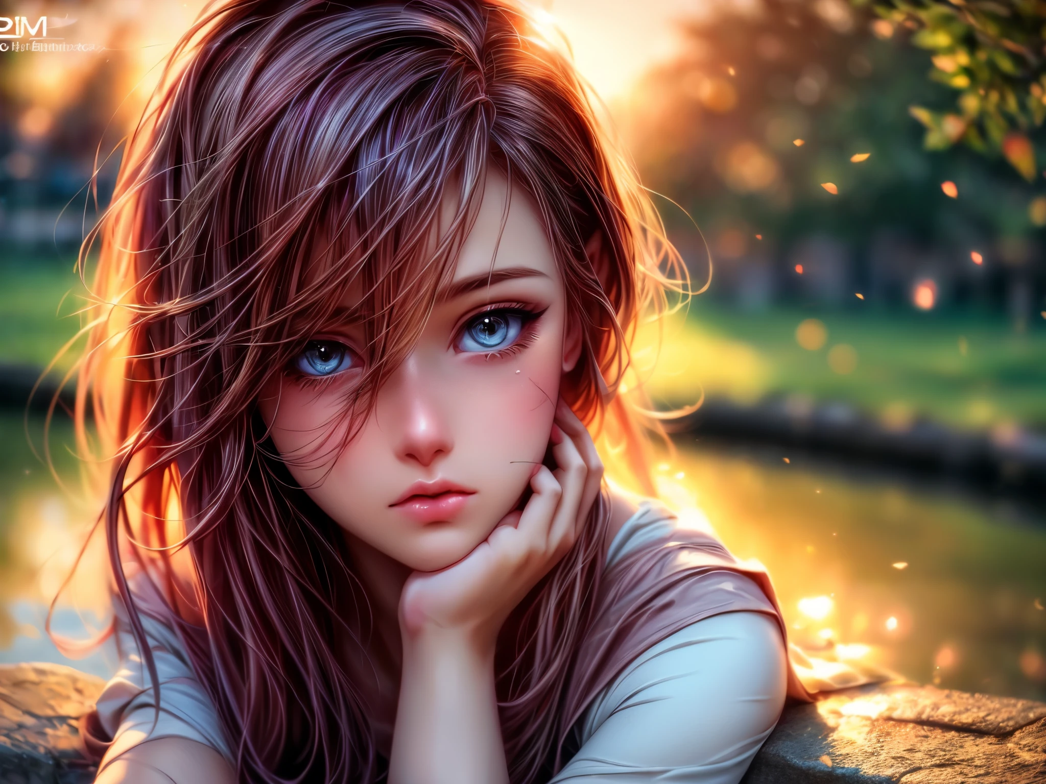 (best quality,4k,highres),sitting girl,detailed face,beautiful eyes and lips,sad expression,soft light,reflective pond,rustling leaves,sunset colors,vivid reflection,serene atmosphere,realistic style,subtle emotive cues