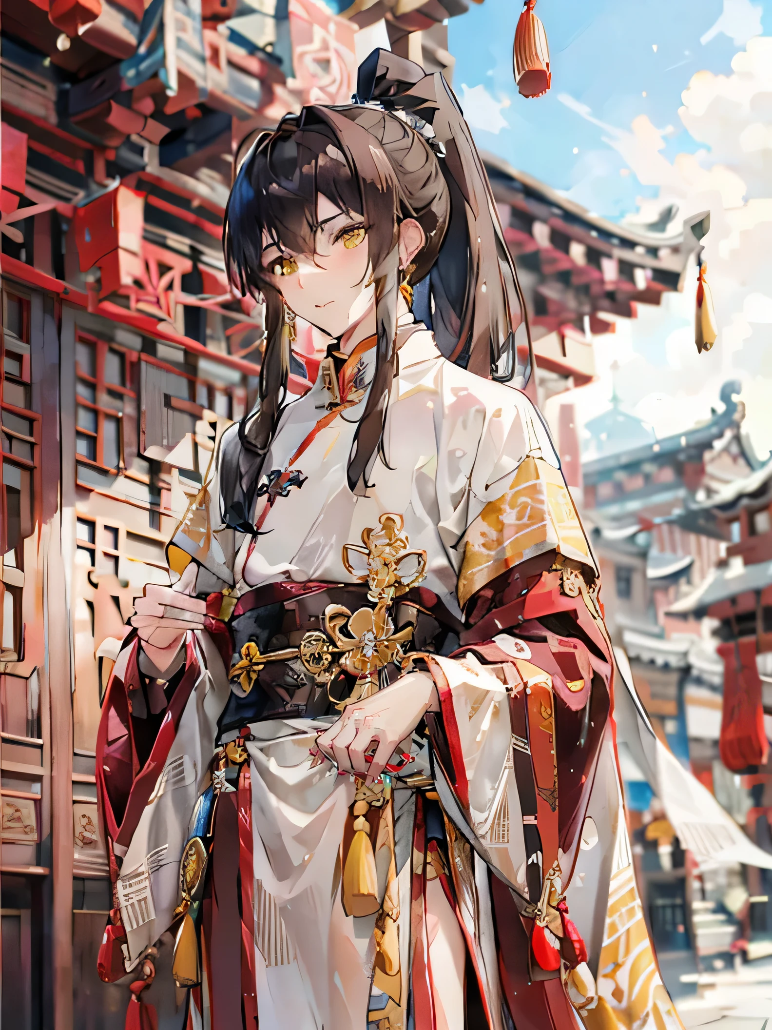 brown hair，Long hair，high ponytail details，male，horny boy，yellow eyes，robe，whole body，literati，Handsome，handsome man，handsome guy，emaciated，Chinese architectural background