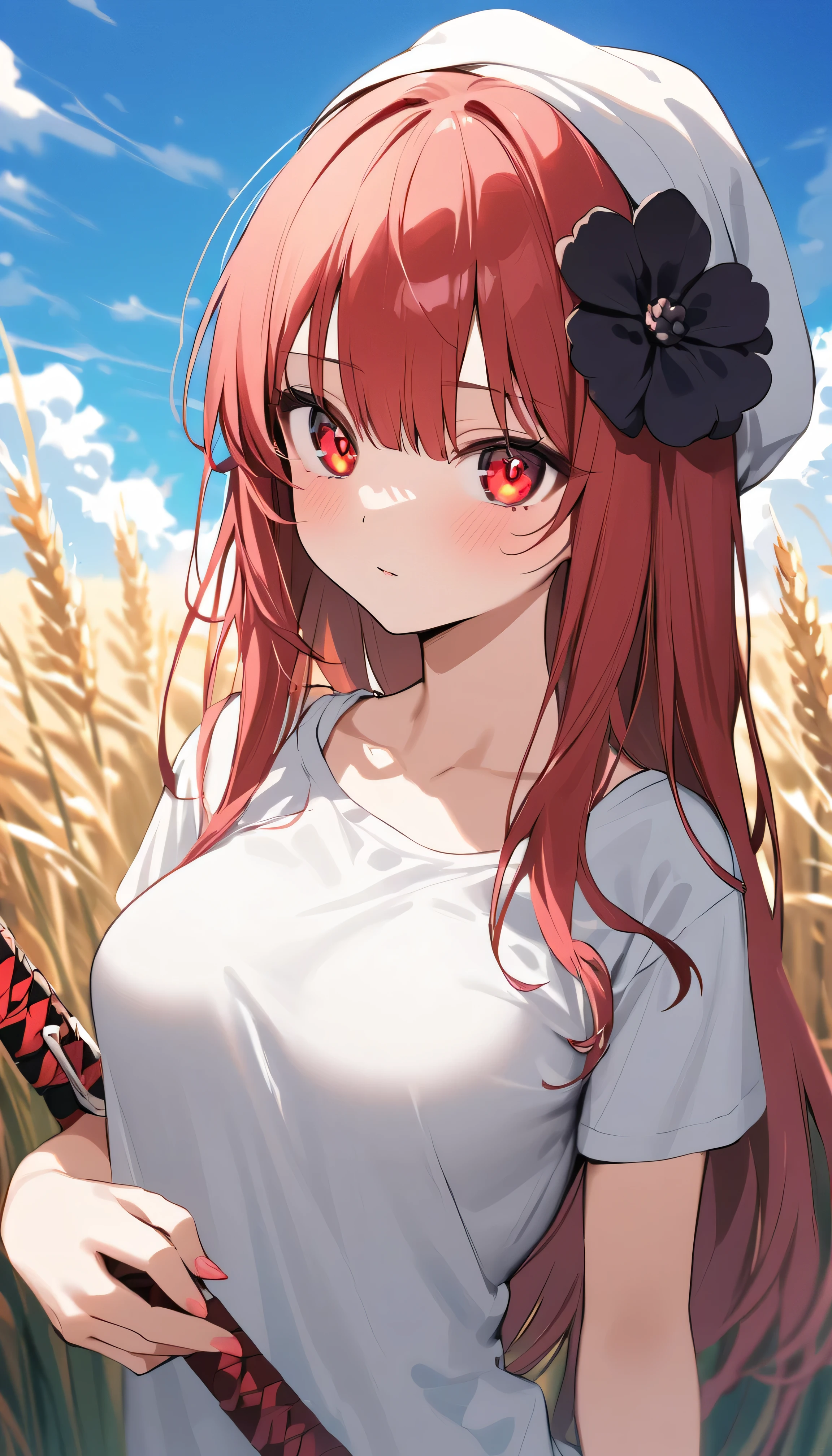 Masterpiece. The best art. Best quality. Full HD. Saturate. Wheat field. Depth of field. Day sky. Blue sky. Colombus cloud. 1girl. Young girl. Slim body. Medium breast. Long hair. Bangs. Red hair. Glowing eyes. Detailed beautiful eyes. Bright red eyes. Black flower hair ornament. Grey T - shirt oversized. (Bandage at her face). Holding katana