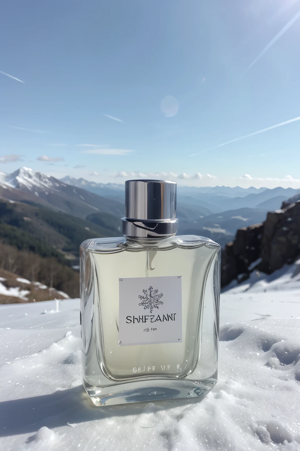 A fragrance for men as a snowflake design, with a snow mountain background, No labelling
