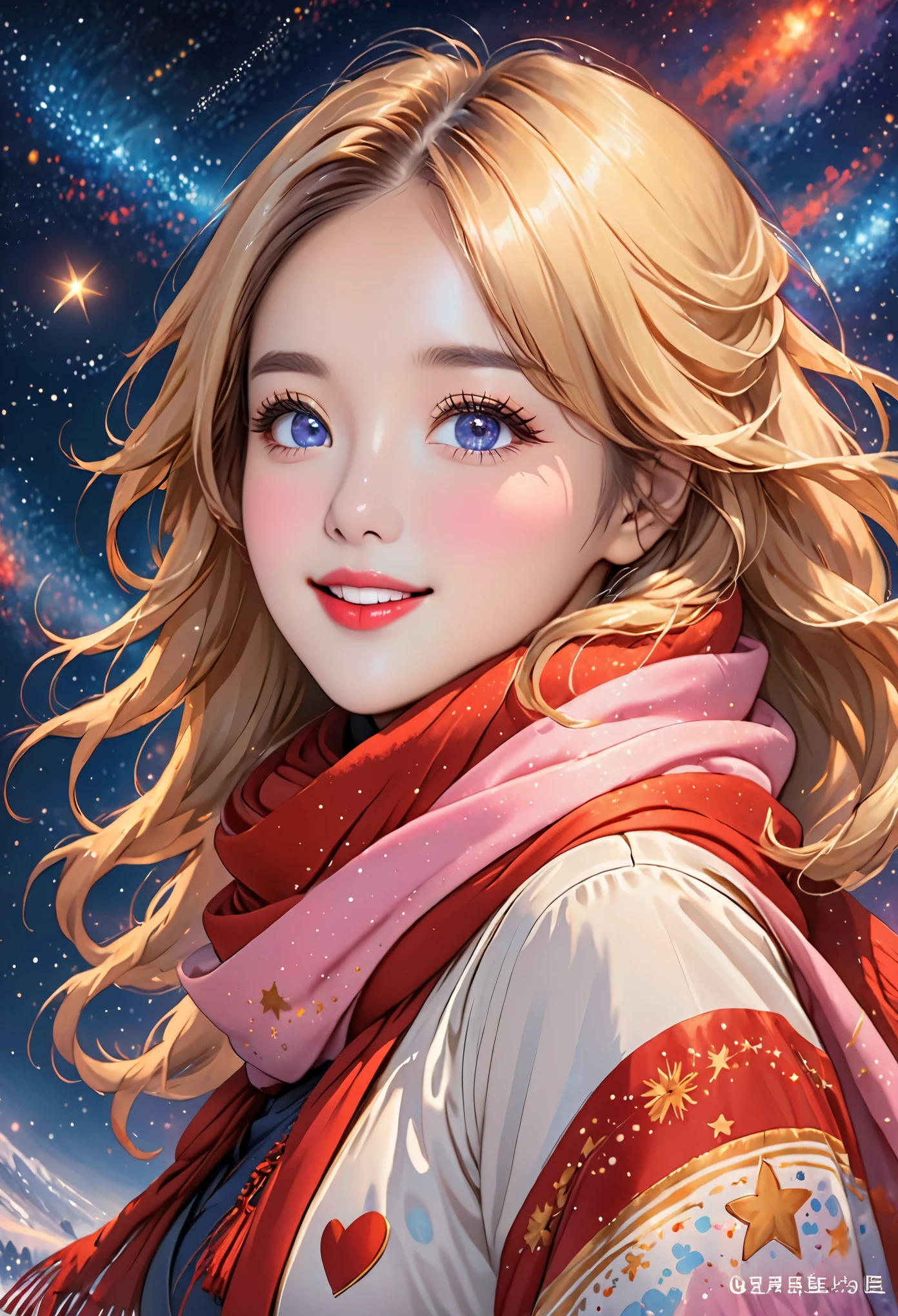 1 girl, ahog, Bangs, blonde hair, blow a kiss, blue eyes, blue scarf, brown scarf, split, Keep your mouth shut, eyelash, Face, flowing hair, hair between eyes, Heart, lips, lipstick, long hair, looking at the audience, cosmetic, night Sky, nose, one eye closed, orange scarf, pink lips, pink scarf, portrait, purple eyes, actual, red lips, red scarf, scarf, sign, Smile, alone, space, spoken Heart, Star (Sky), Starry Sky, Upper body, watermark, yang xiao long, yellow scarf