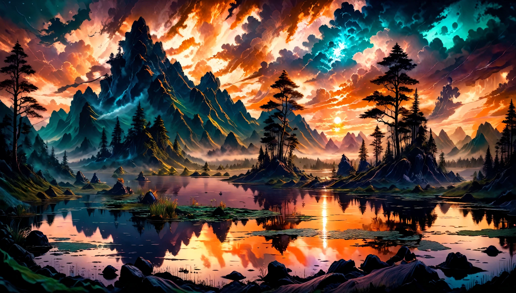 8k, photorealistic, epic fantasy art, Evening Pond, beautiful verdant  Pond  and mountains ,, sunset atmosphere, beautiful colors, mythical atmosphere, epic clouds in orange sky, beautiful water surface, endless mountains, light penetrating through clouds, , mists, hdr, ultra detail, epic landscape, 