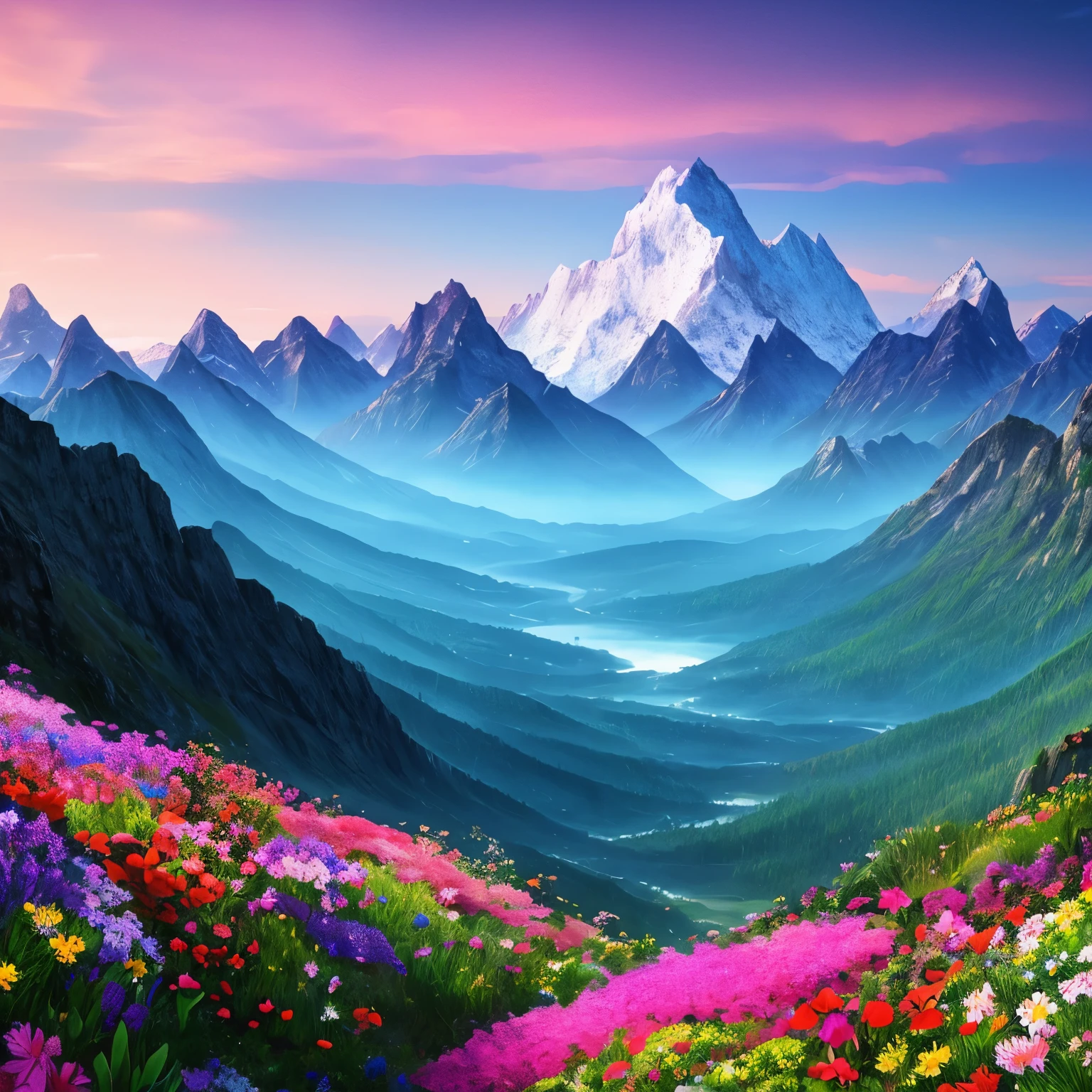 a painting of a mountain with flowers in the foreground, a matte painting by Alexander Kucharsky, trending on cgsociety, fantasy art, 🌺 cgsociety, stunning nature in background, a beautiful landscape, beatiful mountain background, beautiful landscape, beautiful nature, beautiful detailed scene, incredibly beautiful, beautiful mountains behind, beautiful mountains, beautiful scenery, amazing landscape