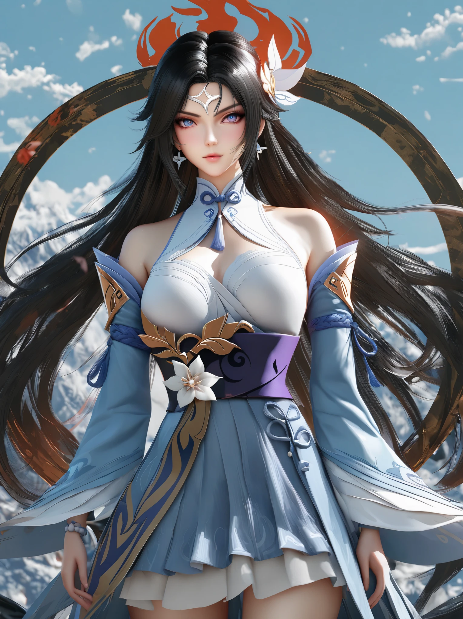 diy32,Highest quality, ultra-high definition, masterpieces, 8k, realistic, anime styled, 3d render,anime girl with long black hair and blue eyes in a blue dress, keqing from genshin impact, by Yang J, heise jinyao, loong, g liulian art style, zhongli from genshin impact, zhao yun, beautiful young wind spirit, handsome guy in demon slayer art, xianxia hero, liang xing