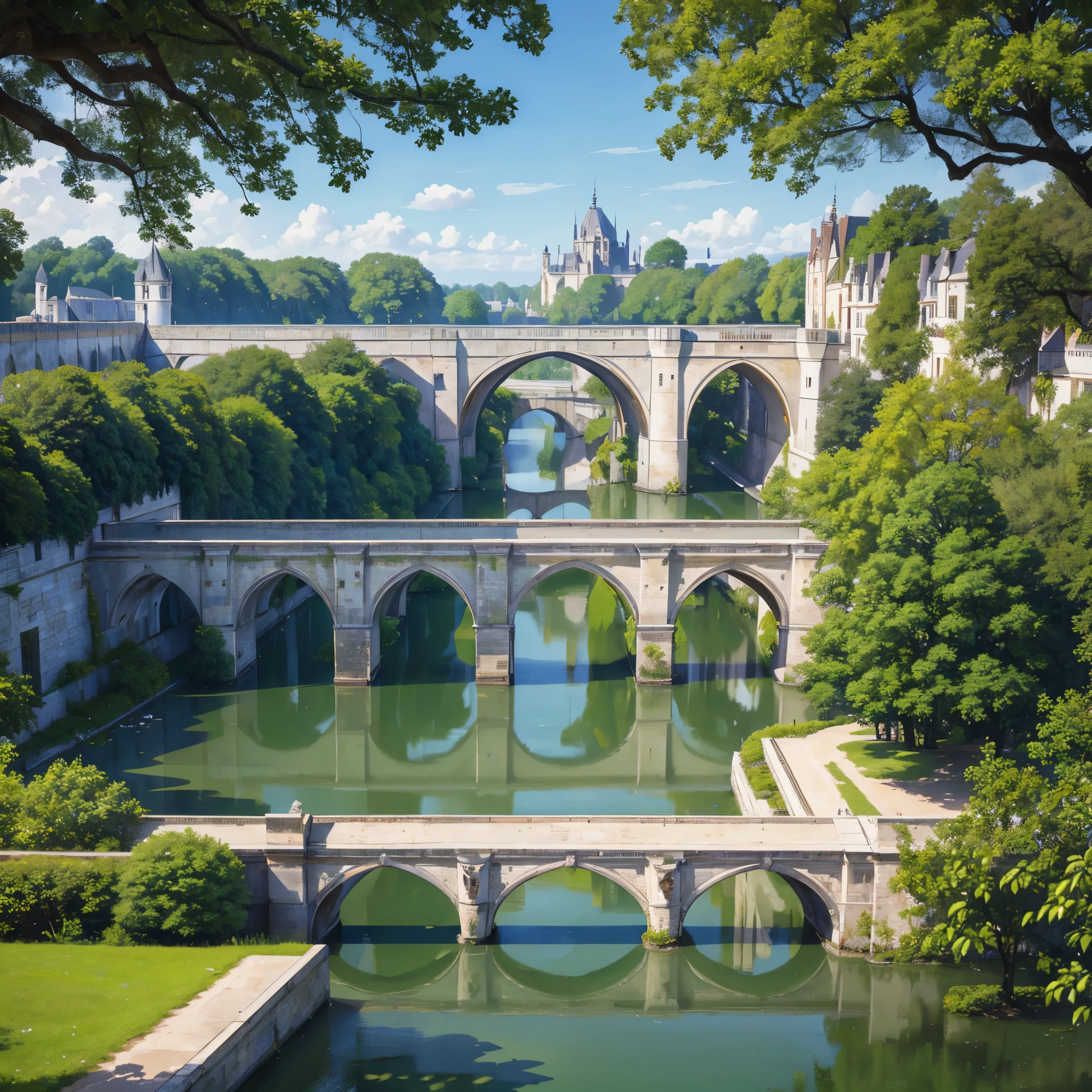 Chenonceau structure, a connecting bridge, a lake, trees and plants around, some infrastructure around, European lamp post in some parts, very detailed, masterpiece, ultra resolution, perfect quality, 4k hd.