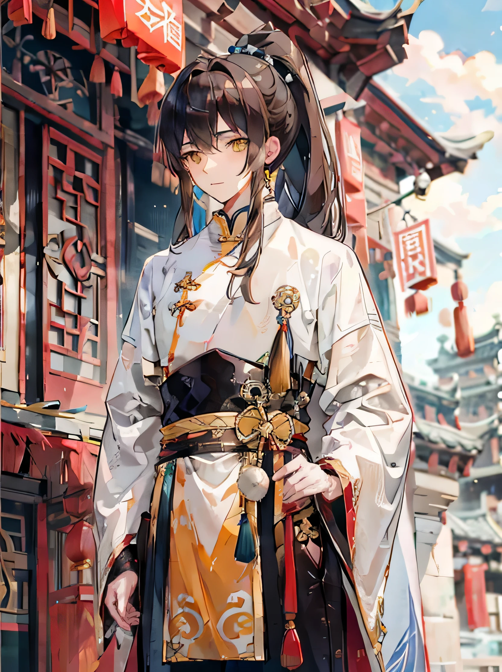 brown hair，Long hair，high ponytail details，male，horny boy，yellow eyes，robe，whole body，literati，Handsome，handsome man，handsome guy，emaciated，Chinese architectural background