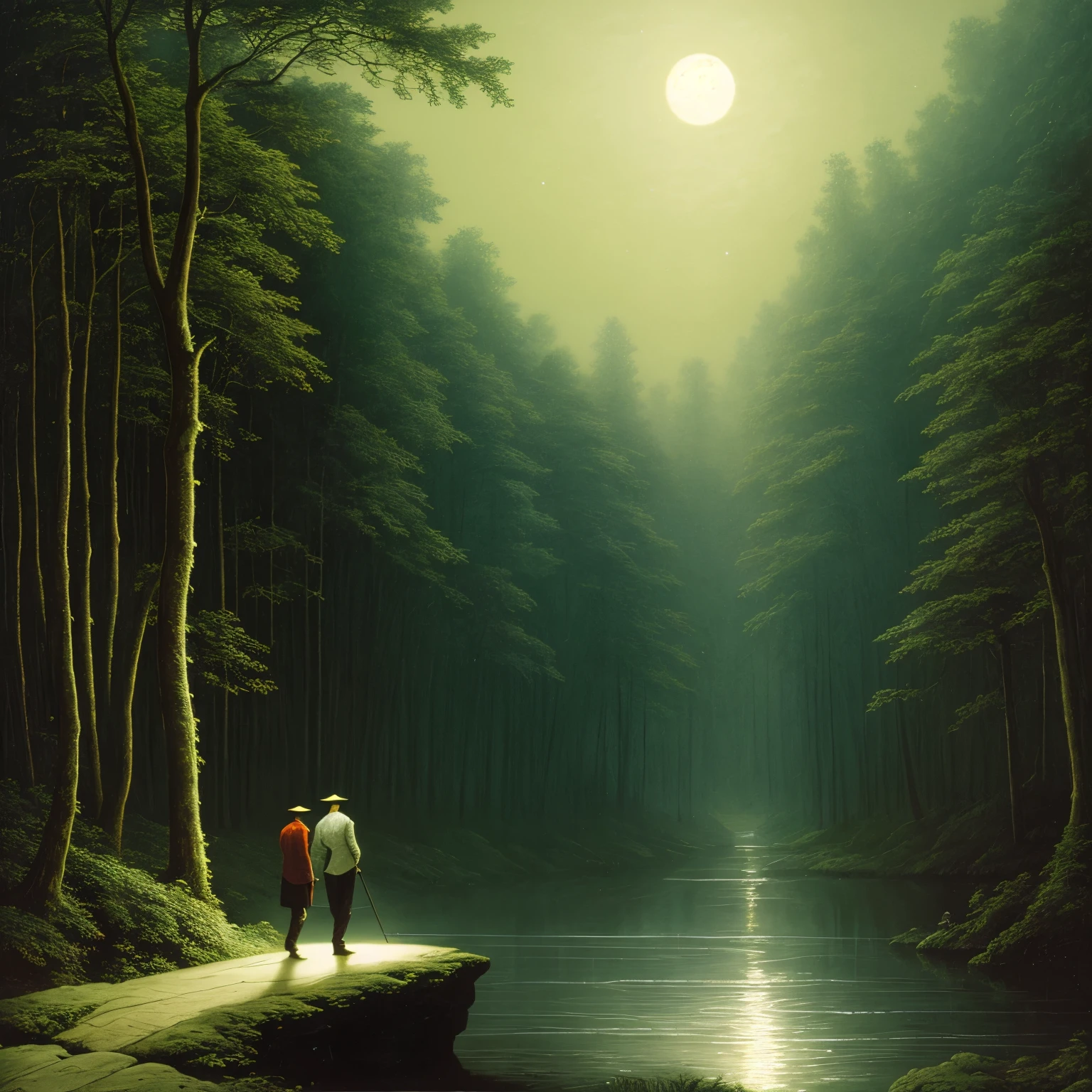 a painting of a man walking across a river in the moonlight, an image of a moonlit forest, moonlit forest, eerie moonlight, moonlit night, forest and moon, the glow of the moonlight, hildebrandt, moonlight night, quiet forest night scene, michael whelan and gustave dore, carl gustav carus, moonlit forest environment, gustave dore' background