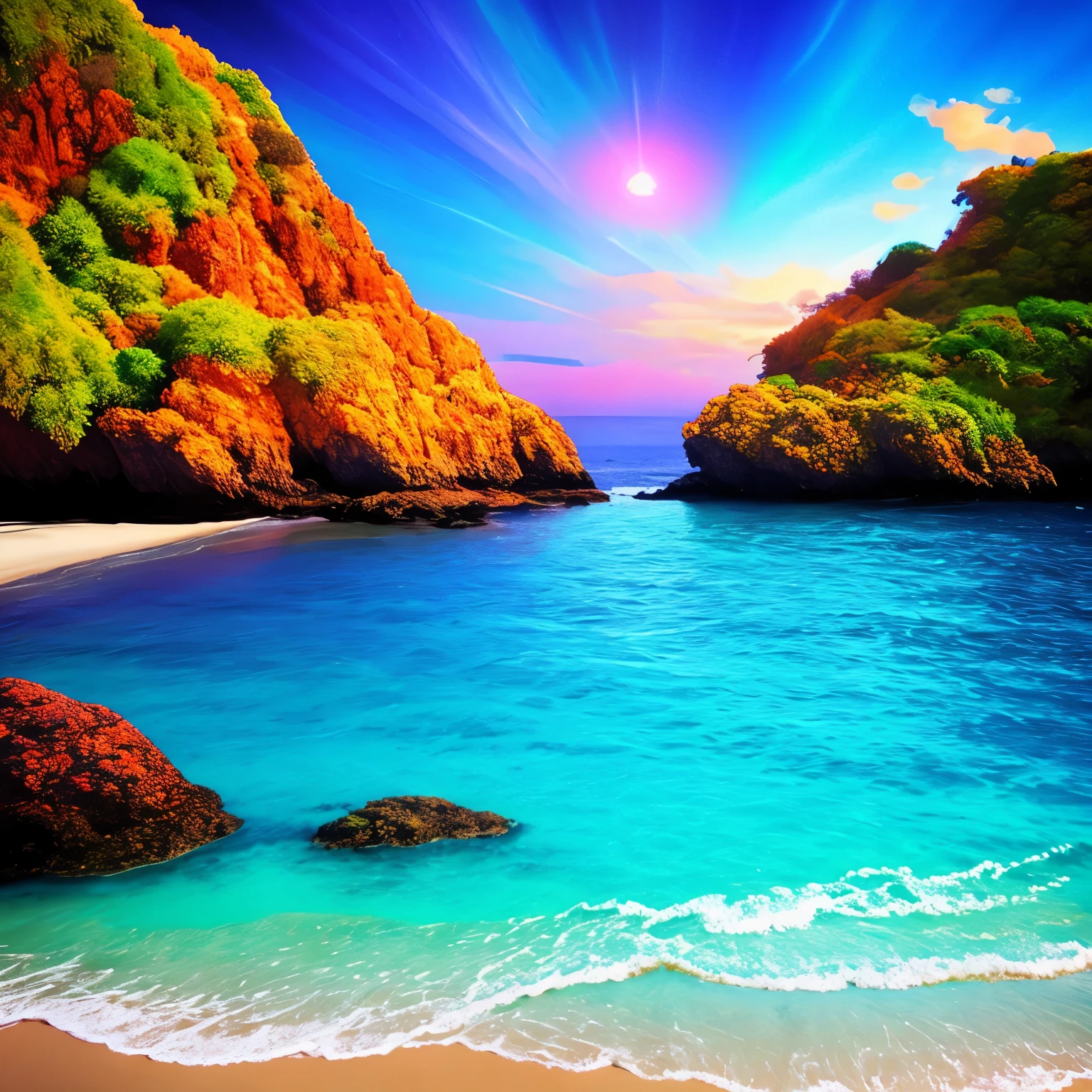a beach with a bright sky and a bright star filled sky, magical beach, beautiful vibrant colors, glow wave, glowing colors, [ bioluminescent colors ]!!, stunning colors, beautiful colors, glowing rich colors, amazing colors, breathtaking colors, makes the sea area glowing water, glowing water, beautiful sunset glow, vivid glowing colors, beautiful deep colors