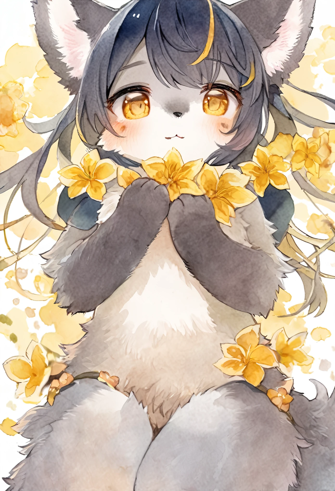 Watercolor elements, 1girl, kemono, furry, detailed body fur, animal face, animal hand, unfocused spread of gold flower,