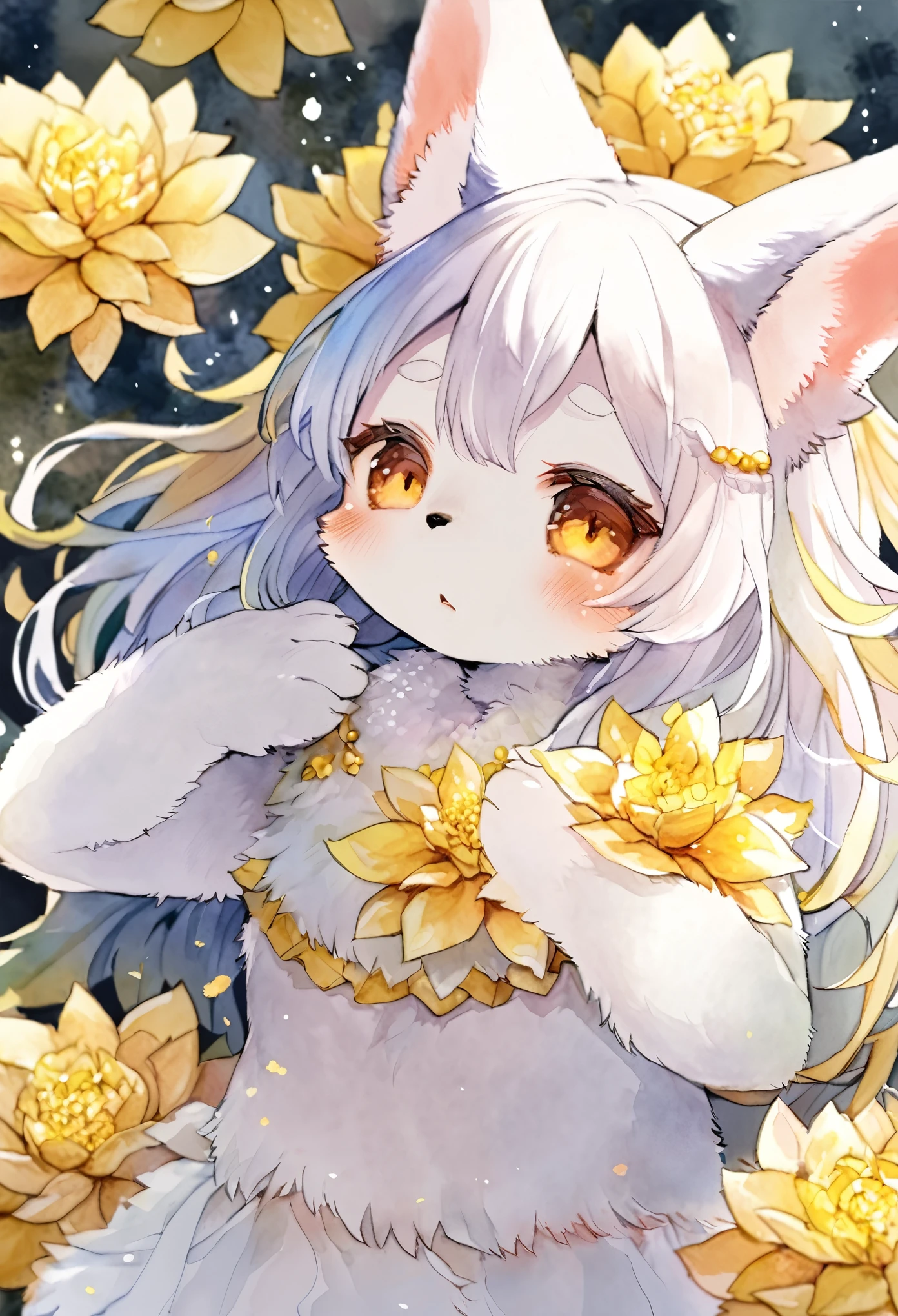Watercolor elements, 1girl, kemono, furry, detailed body fur, animal face, animal hand, unfocused spread of gold flower, 
