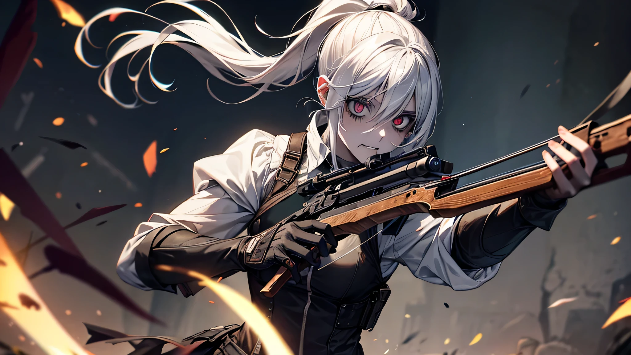a female zombie with white ponytail aiming crossbow. skin is zombied and it is a zombie. seed