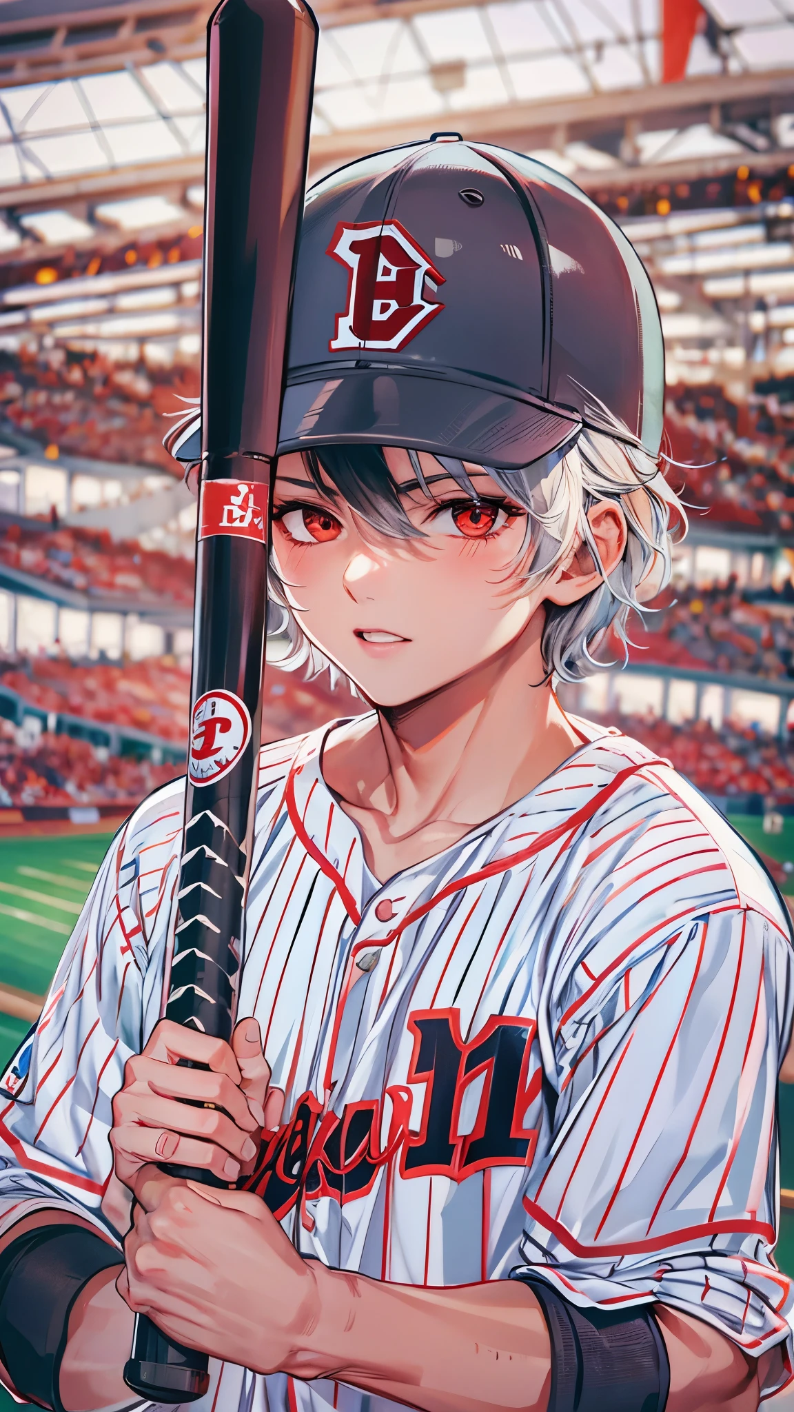 perfect ???????, masterpiece:1.4, best quality, 8k, beautiful detailed grow, (in the Fukuoka Dome Stadium), break (Baseball Style) ((hand holding wood bat gripping in hand)) (a silver short hair divine boy, 15 yo, detailed red eyes, serious face), break, in a baseball  uniform, baseball Helmet.