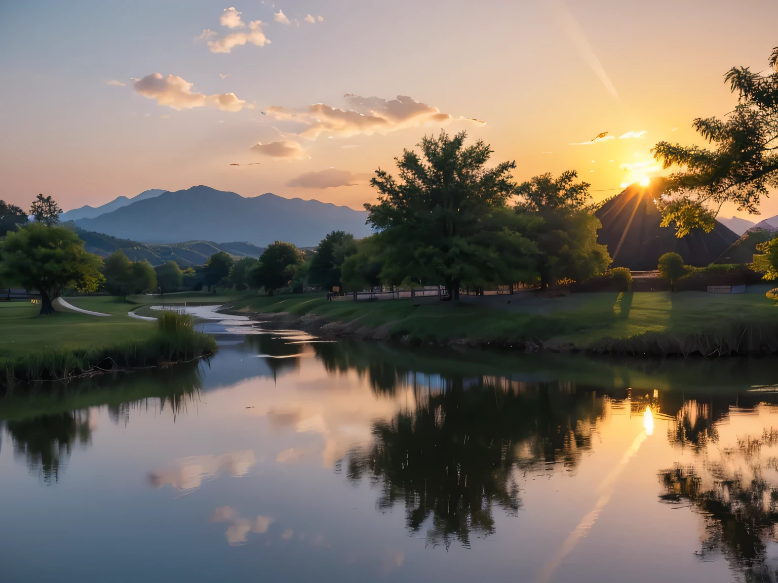 pond in evening，Sunset scenery among trees by the water, water reflecting suns light, The Sunset warms the spring, Sunset, reflection on water, The most beautiful Sunset, big double Sunset, Wonderful reflection of the sky, Sunset photos, Sunlight reflected on the river, Beautiful and spectacular dusk,