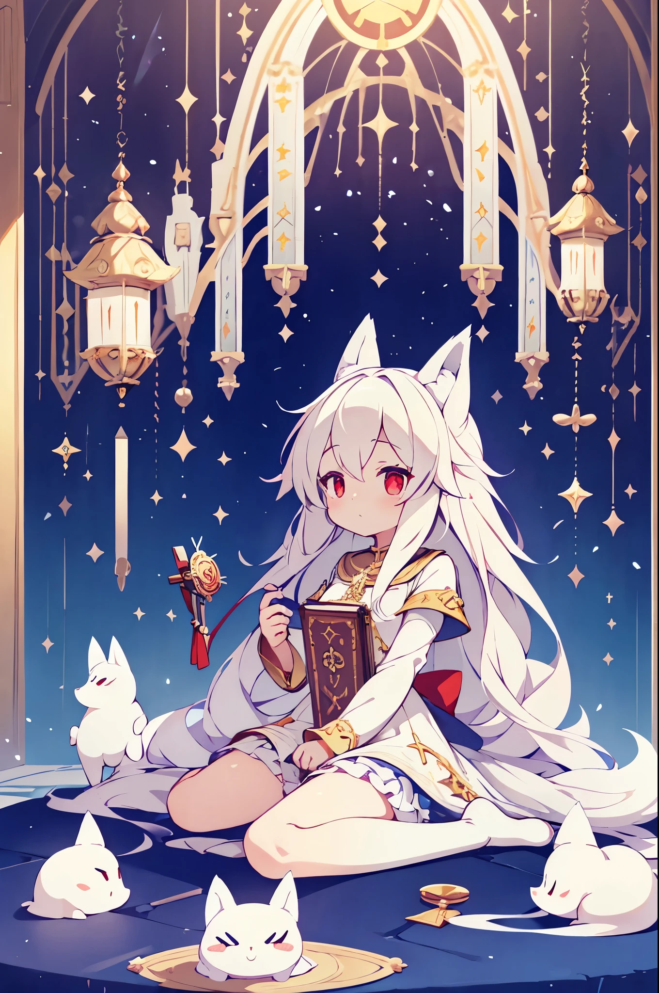 (A ****:1.1), cute priestess outfit, (whole body:1.1), (sunshine:1.1), (clear face:1.1), (masterpiece:1.2), (super-detailed:1.1), (epic composition:1.1), (ultra HD:1.1), (high quality:1.1), (extremely detailed:1.1), (official art:1.1), uniform, (8k:1.1), (super-detailed:1.1), (32k:1.1), (fox ears:1.1), fox tails, beautiful white long hair, (blank and empty eyes:1.1), (magical library background:1.1), devoid of emotion, red eyes, cute girl