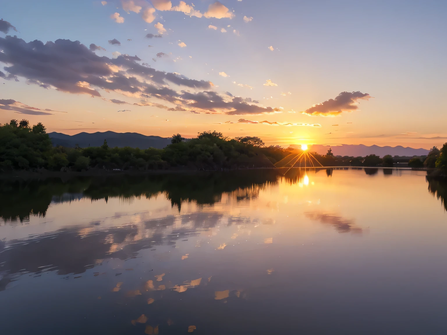 pond in evening，Sunset scenery among trees by the water, water reflecting suns light, The Sunset warms the spring, Sunset, reflection on water, The most beautiful Sunset, big double Sunset, Wonderful reflection of the sky, Sunset photos, Sunlight reflected on the river, Beautiful and spectacular dusk,