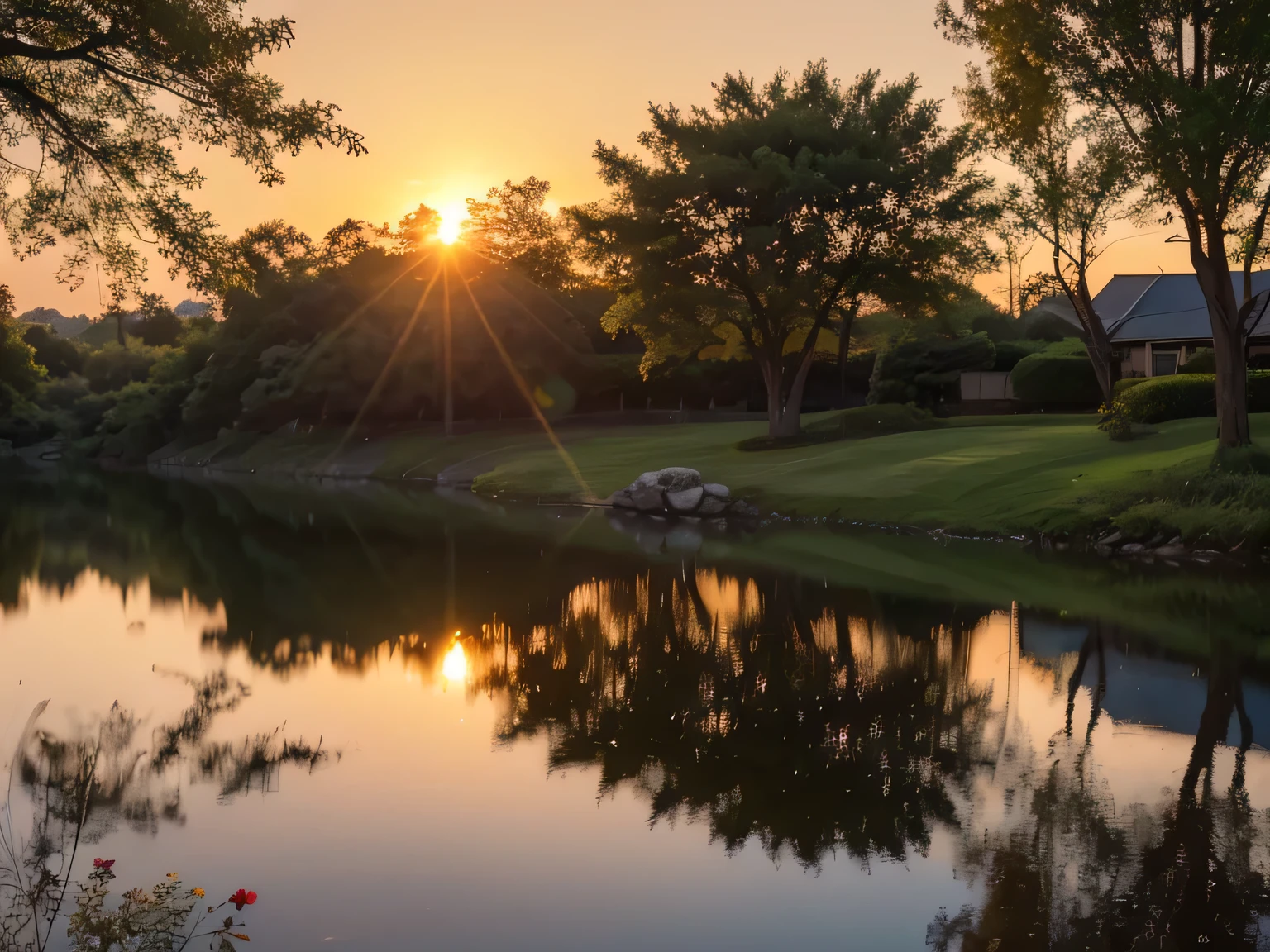 pond in evening,Sunset scenery among trees by the water, water reflecting suns light, The Sunset warms the spring, Sunset, reflection on water, The most beautiful Sunset, big double Sunset, Wonderful reflection of the sky, Sunset photos, Sunlight reflected on the river, Beautiful and spectacular dusk,