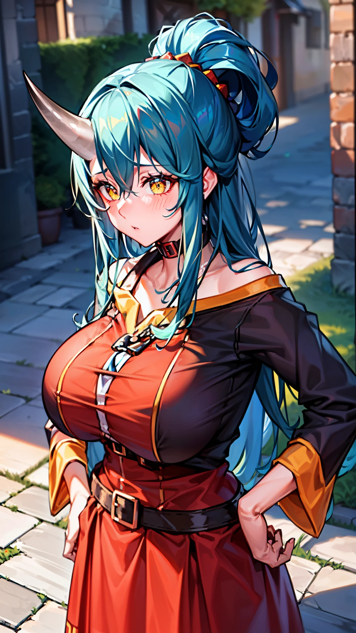 masterpiece, high quality, extremely detailed, 1girl, mature female, solo, {hoshiguma_arknights:1.10}, (huge breasts:1.7), ((((blue hair), long hair, hair_between_eyes, yellow_eyes, slit pupils, oni_horn, single_horn))), parted lips, (((mgmoutfit))), ((blush, :o), closed mouth), ((hands on own hips, medieval city))