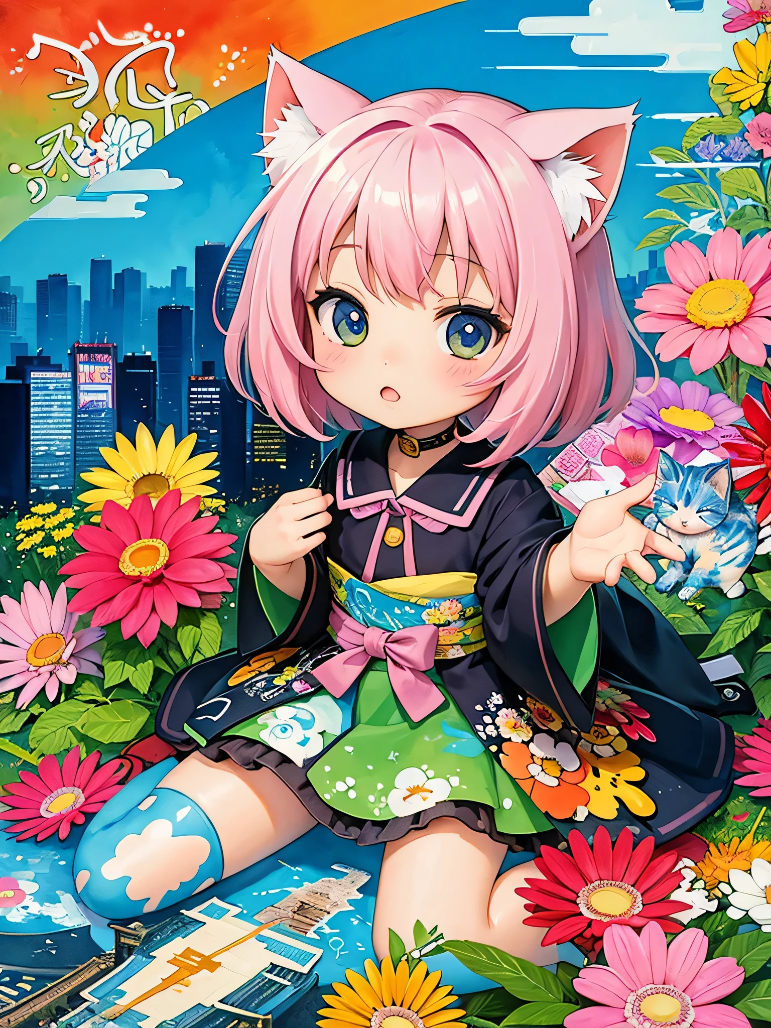8K quality, Takashi murakami'illustration of, intense watercolor, watercolor detailed art, watercolor splash, surreal, avant-garde pop art, Beautiful and expressive paintings, beautiful artwork illustration of, very colorful tones, wonderful, cool beauty, highest quality,official art, vector art,stylish design, (((Chibi)))、(((1 cute kitten))), (((highest quality))), HDR, ((Detailed details)), (((graffiti art))), ((masterpiece))、((Super detailed))、(((colorful flowers)))、(((Tokyo cityscape)))